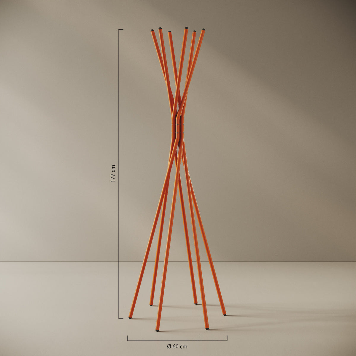 Appendiabiti a terra Tree arancione — design ad albero, scheda tecnica e caratteristiche in ferro verniciato a polveri epossipoliestere