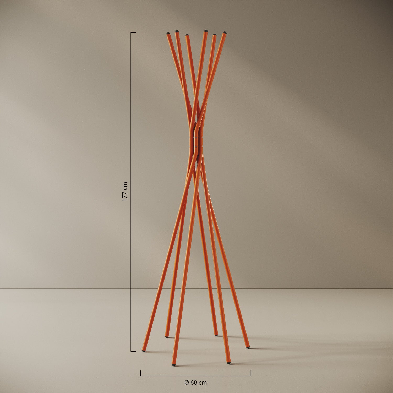 Appendiabiti a terra Tree arancione — design ad albero, scheda tecnica e caratteristiche in ferro verniciato a polveri epossipoliestere