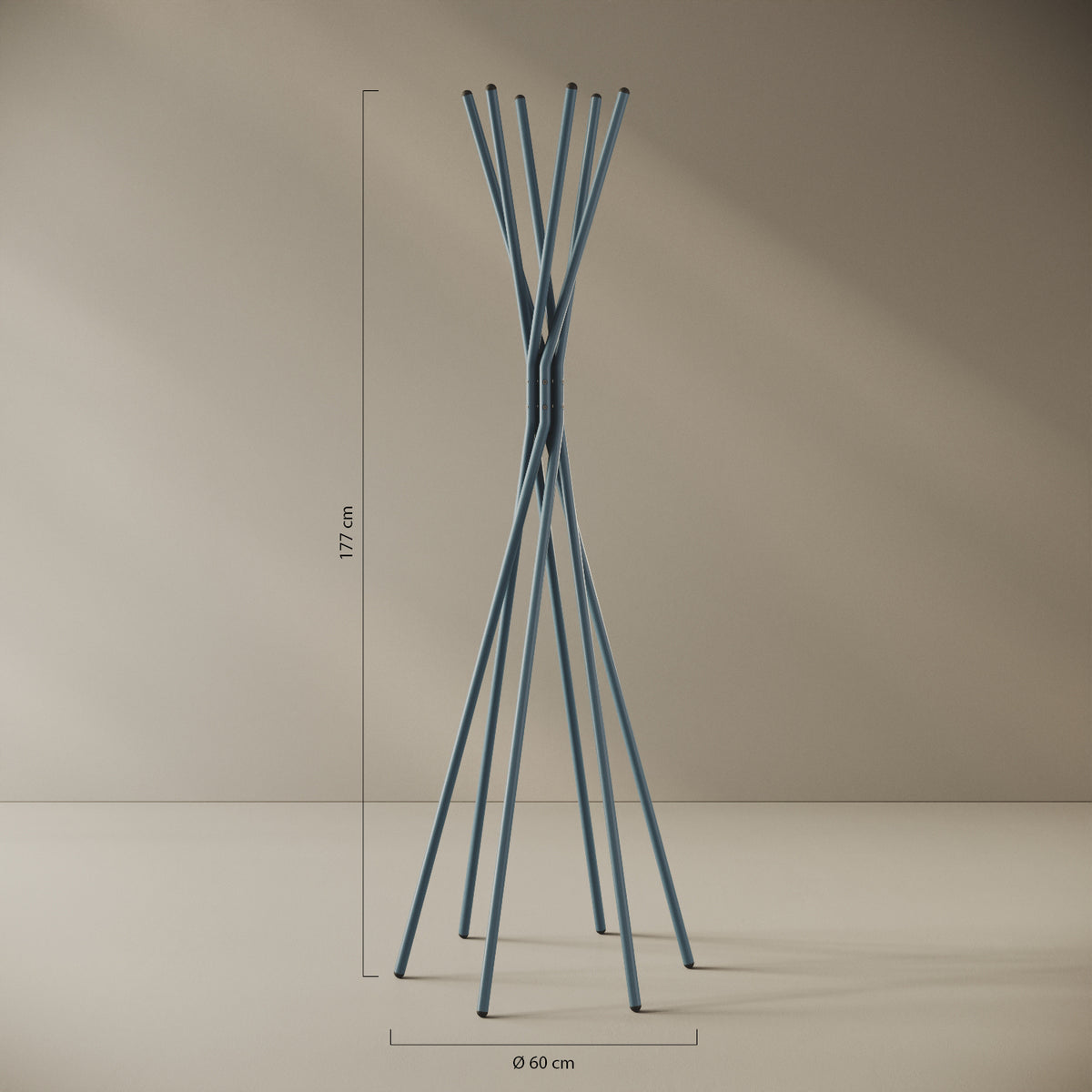 Appendiabiti a terra Tree blu — design ad albero, scheda tecnica e caratteristiche in ferro verniciato a polveri epossipoliestere
