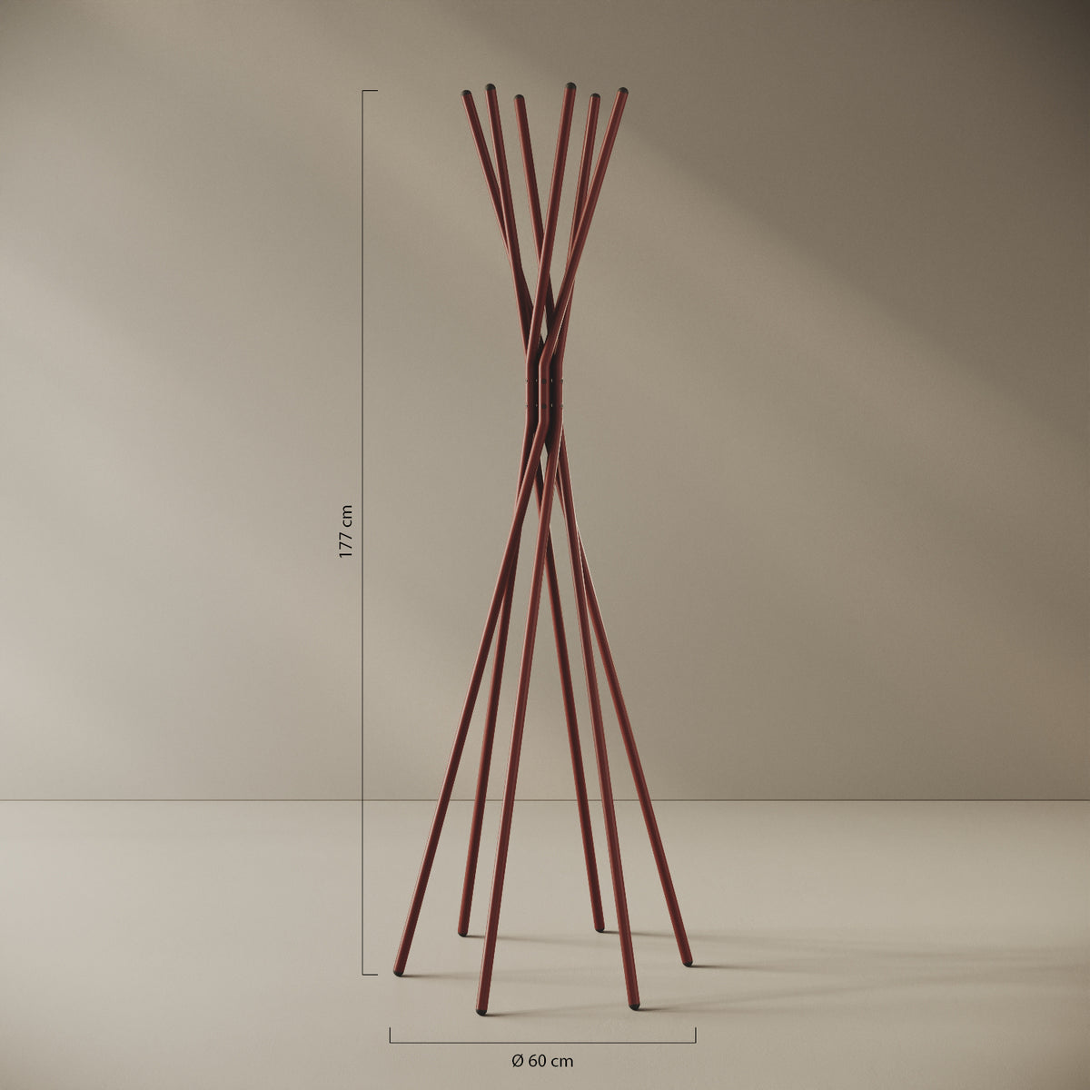 Appendiabiti a terra Tree rosso — design ad albero, scheda tecnica e caratteristiche in ferro verniciato a polveri epossipoliestere