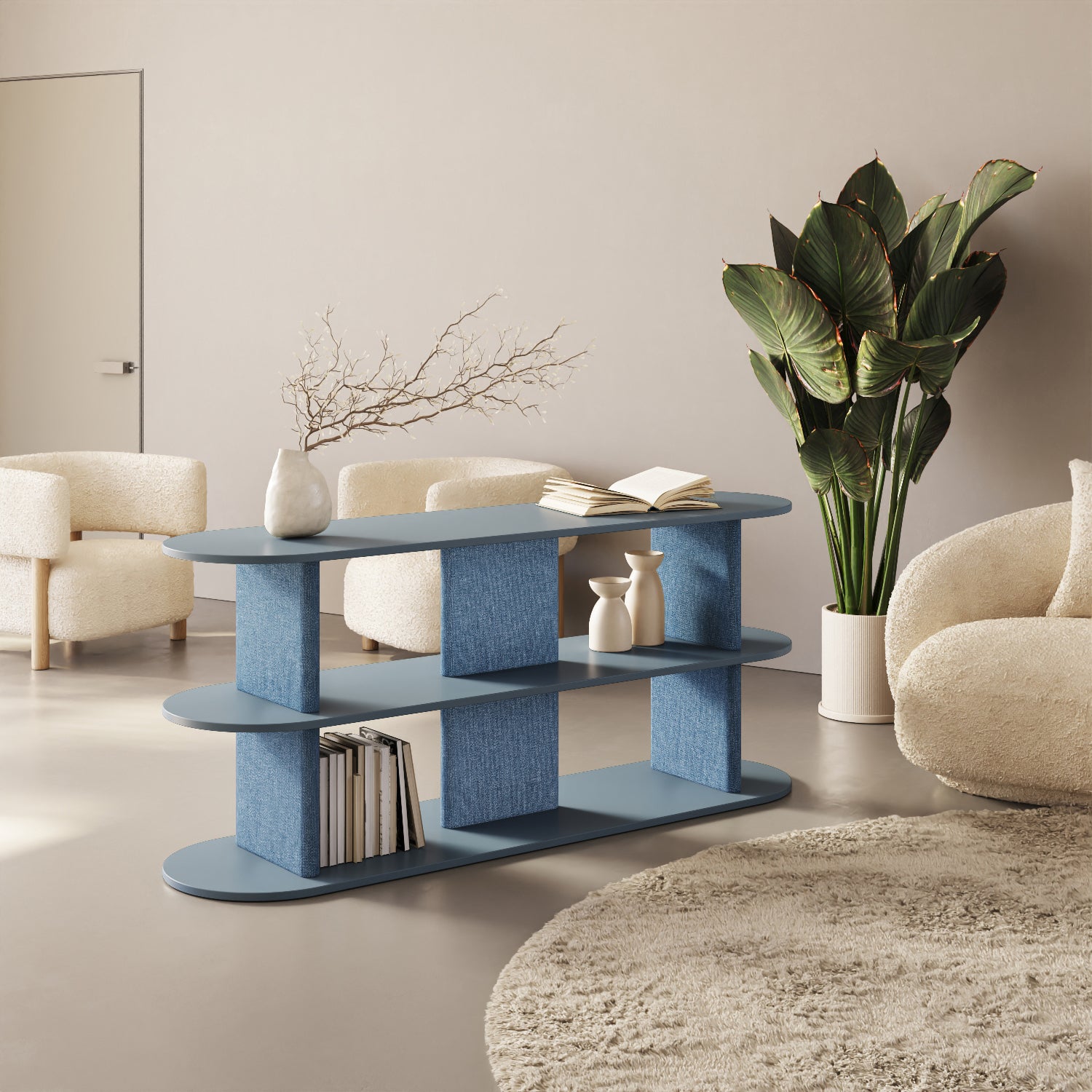 Libreria Strato blu M in soggiorno contemporaneo, libreria design italiana