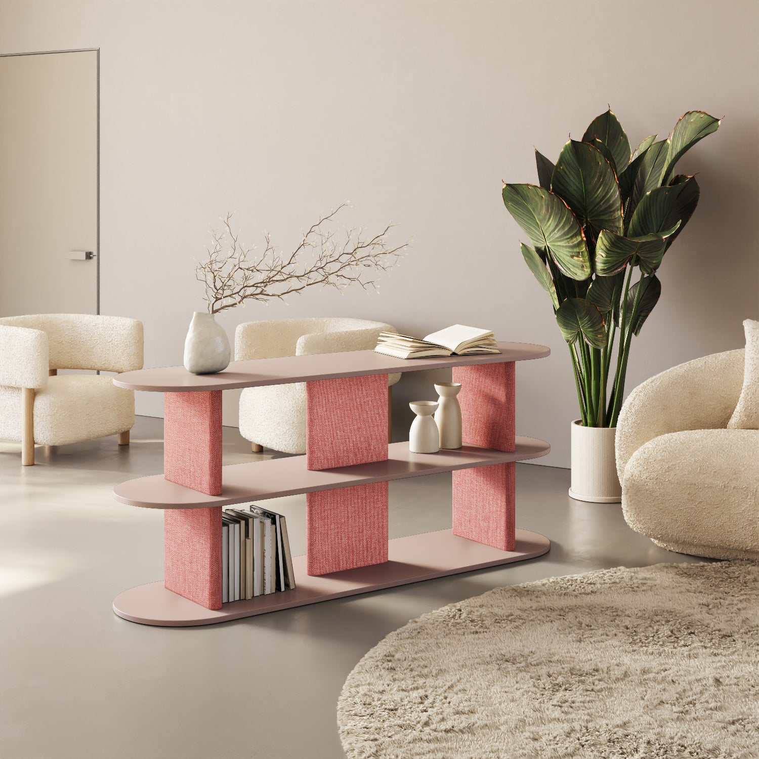 Libreria Strato cipria M in soggiorno contemporaneo, libreria design italiana