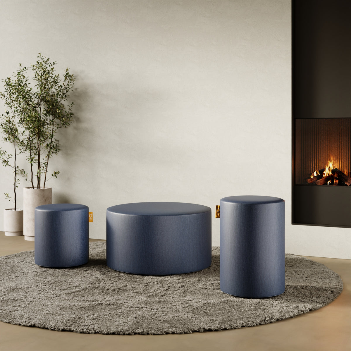 Pouf Comodo brooklyn taglia L Ø 90 × H 47 cm in contesto living — abbinato a divano e tavolino