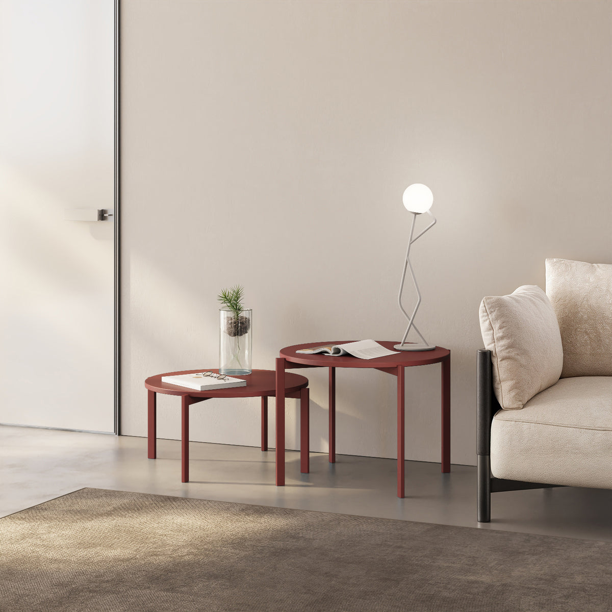Londra tavolino da caffè rosso basso rotondo in zona living, complemento contemporaneo