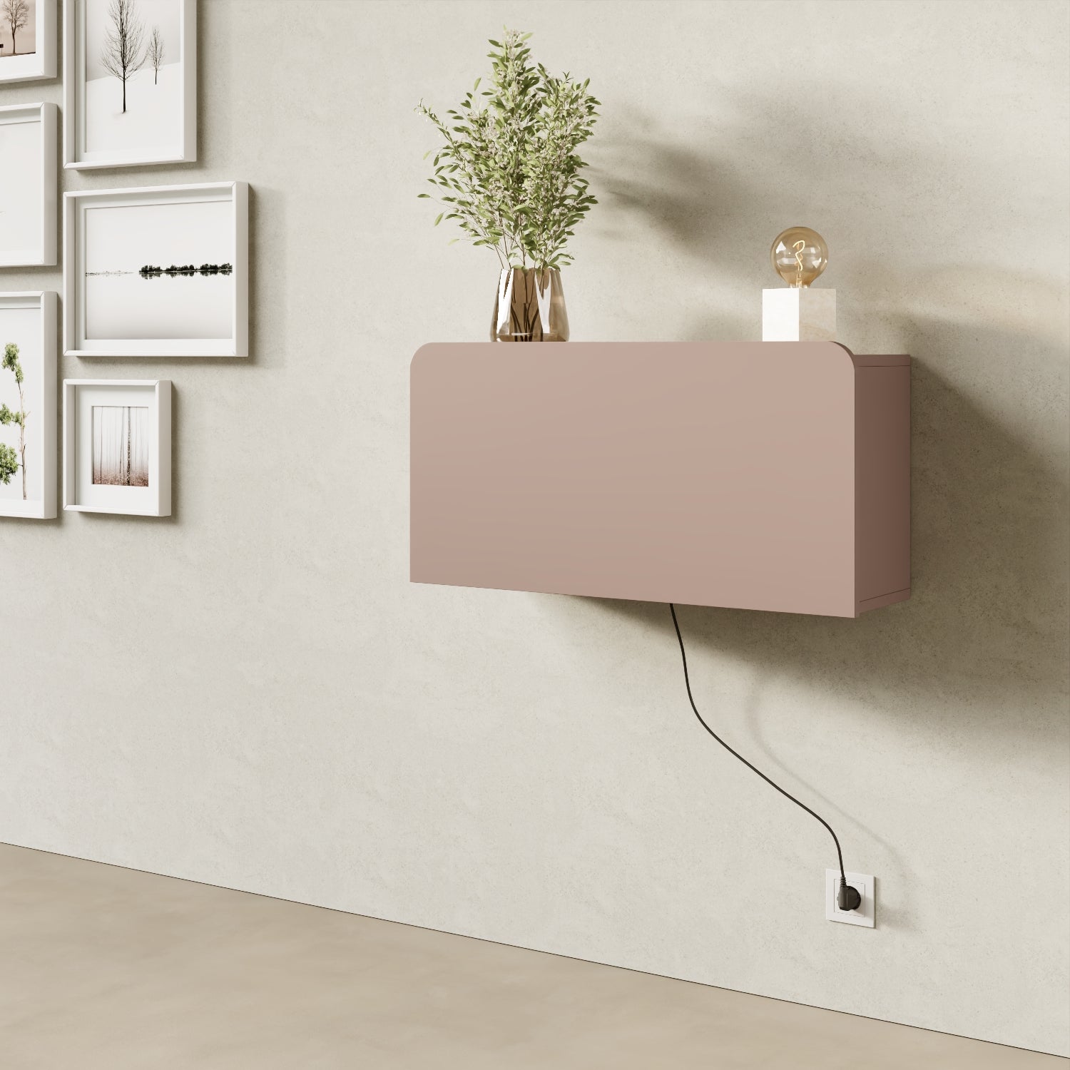 Scrittoio Segno cipria elettrificato chiuso in home office, mensola a parete design moderno