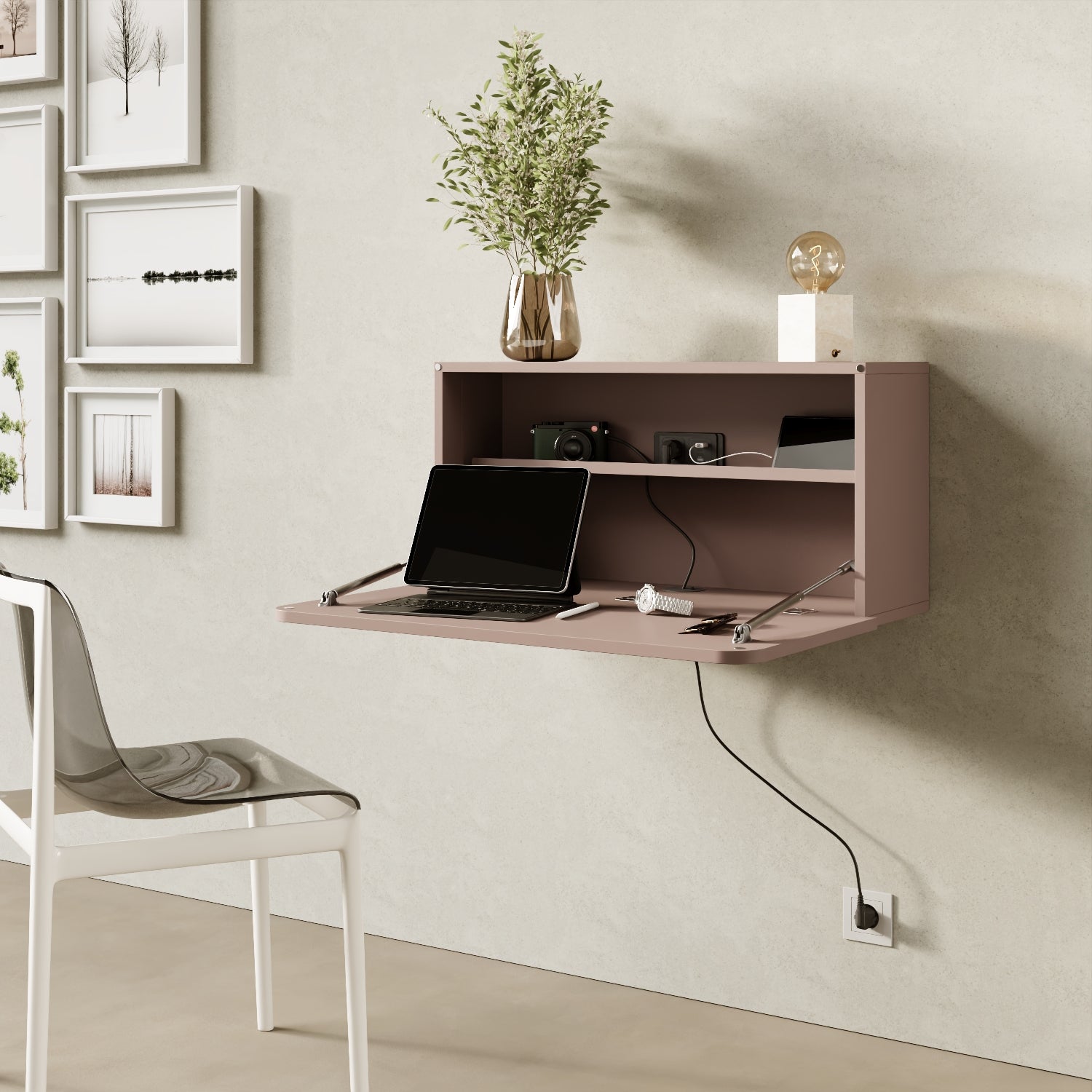 Scrittoio Segno cipria elettrificato aperto in home office, scrivania a muro salvaspazio