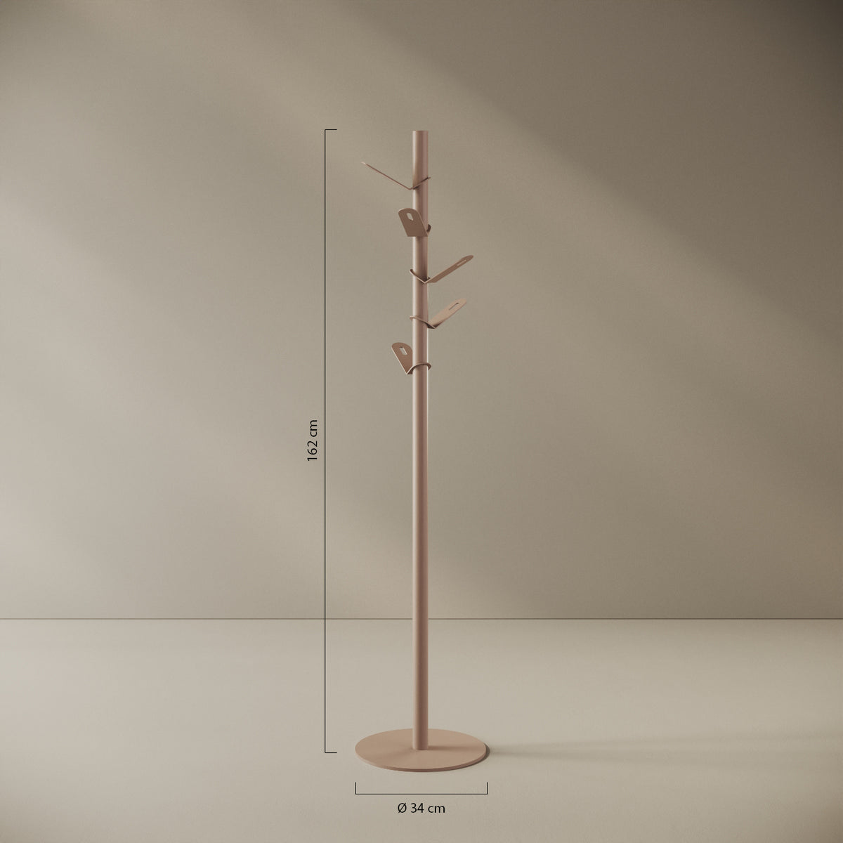Appendiabiti a terra Leaf cipria — design a foglia, scheda tecnica e caratteristiche in ferro verniciato a polveri epossipoliestere