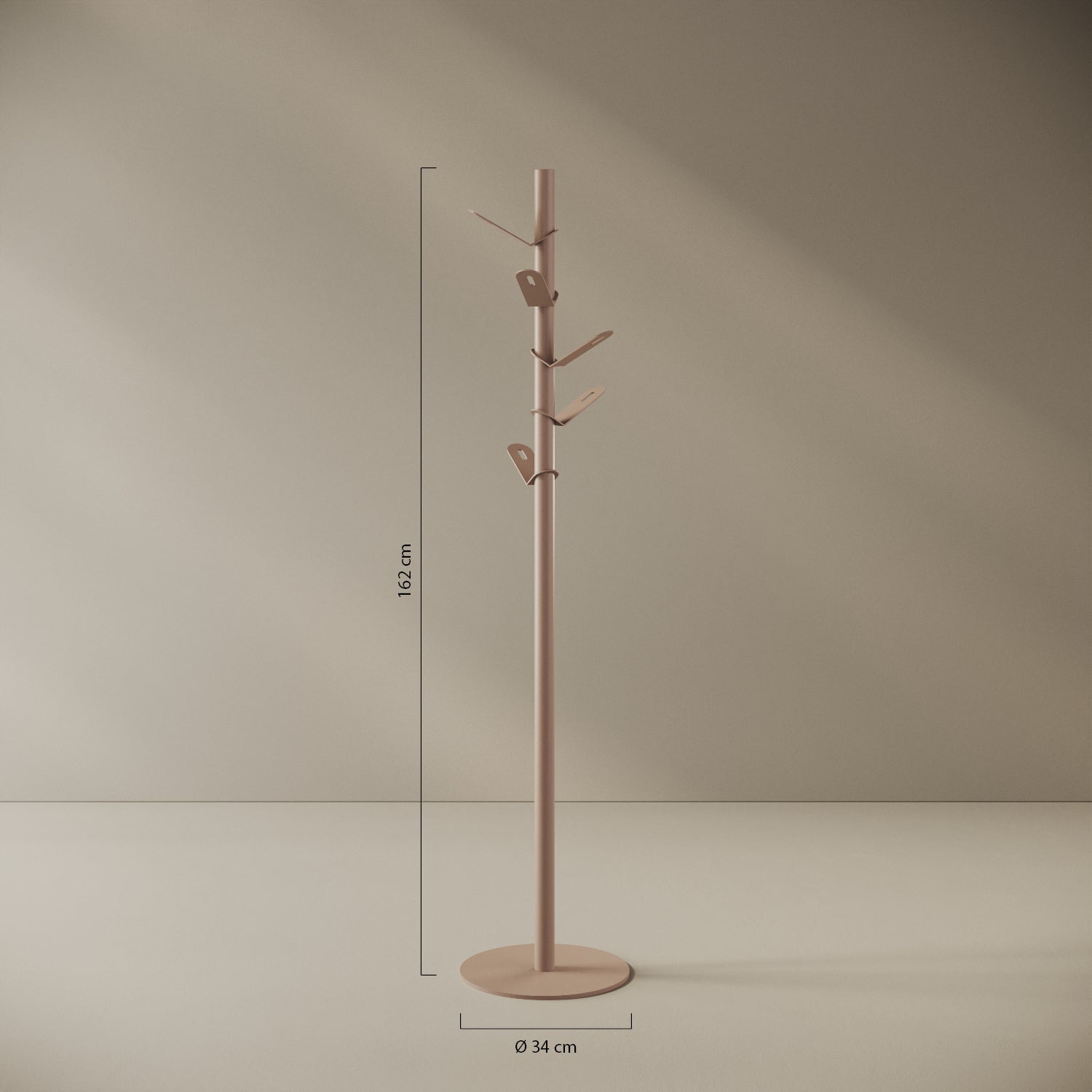 Appendiabiti a terra Leaf cipria — design a foglia, scheda tecnica e caratteristiche in ferro verniciato a polveri epossipoliestere