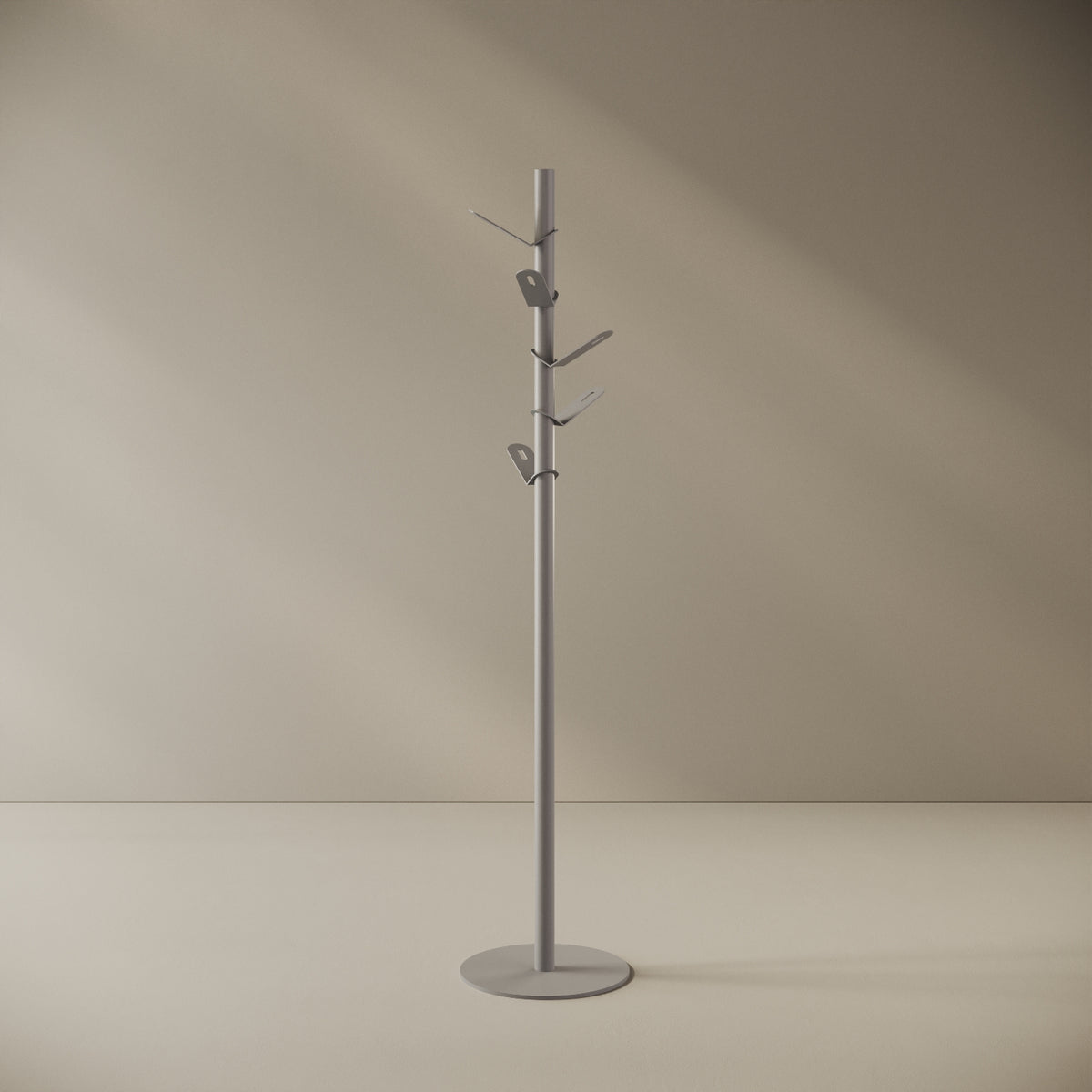 Appendiabiti a terra Leaf grigio, vista frontale — ferro verniciato a polveri epossipoliestere, montante h 162 cm con ganci ovali, base Ø 34 cm