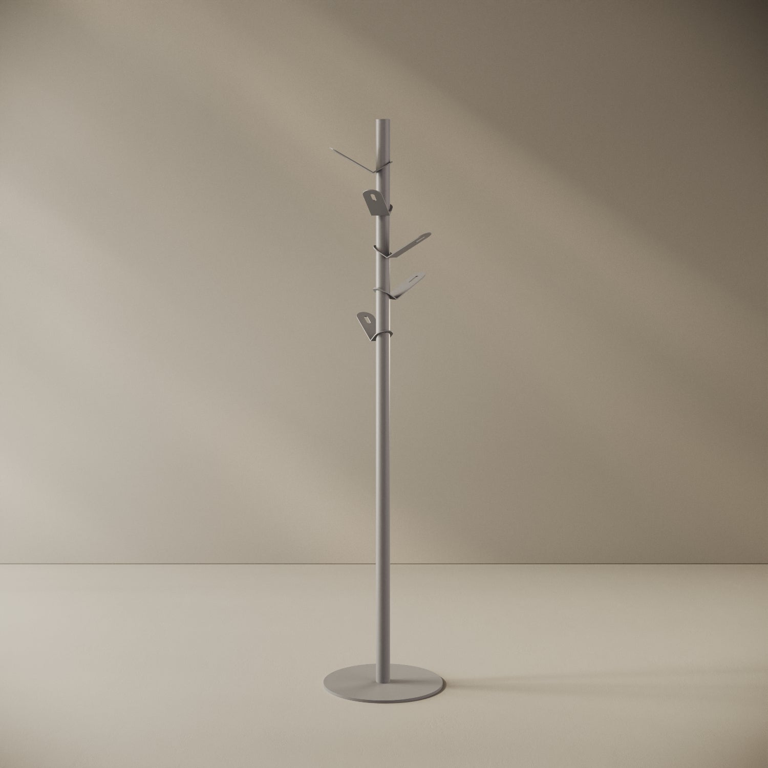 Appendiabiti a terra Leaf grigio, vista frontale — ferro verniciato a polveri epossipoliestere, montante h 162 cm con ganci ovali, base Ø 34 cm