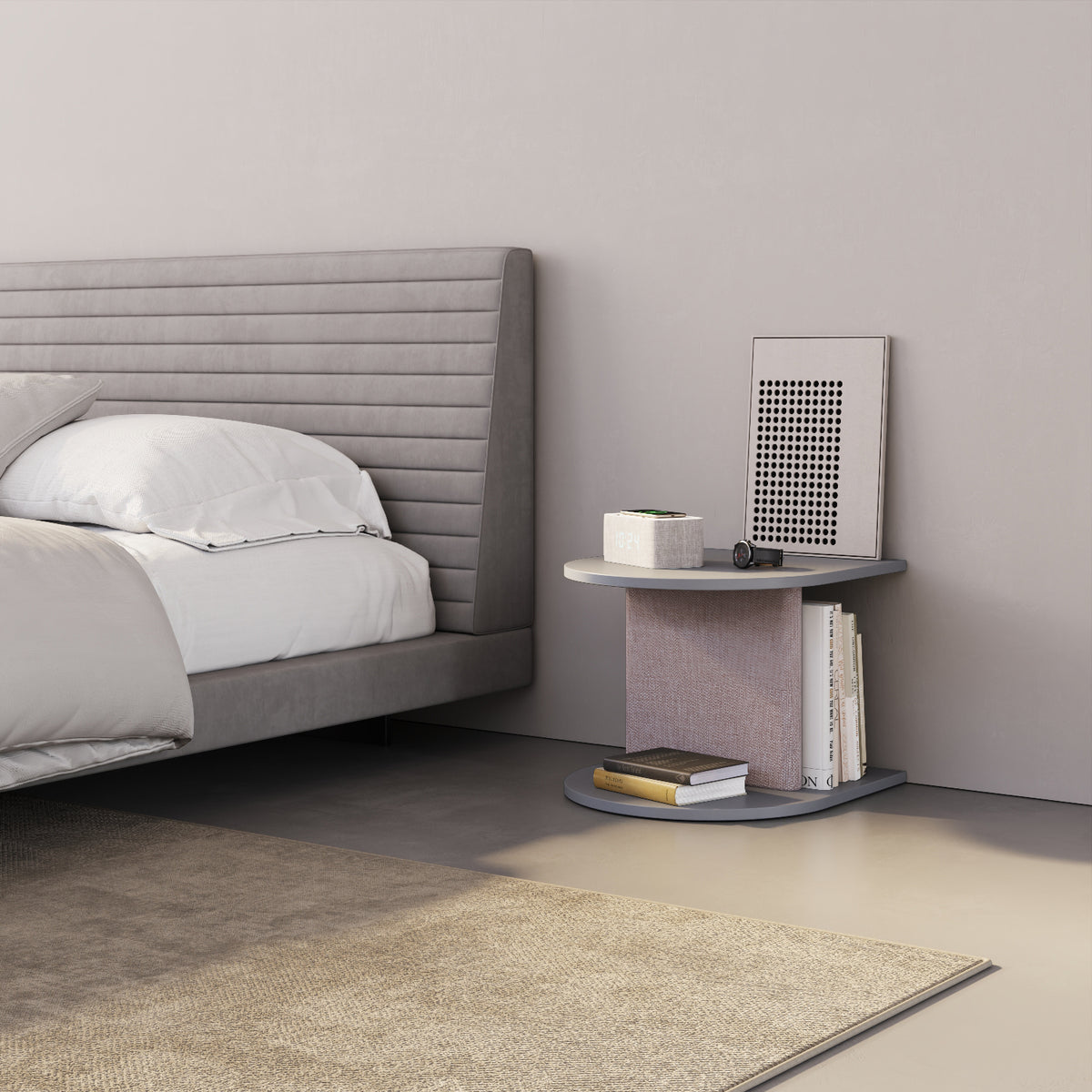 Comodino Strato grigio in camera da letto, side table design contemporaneo