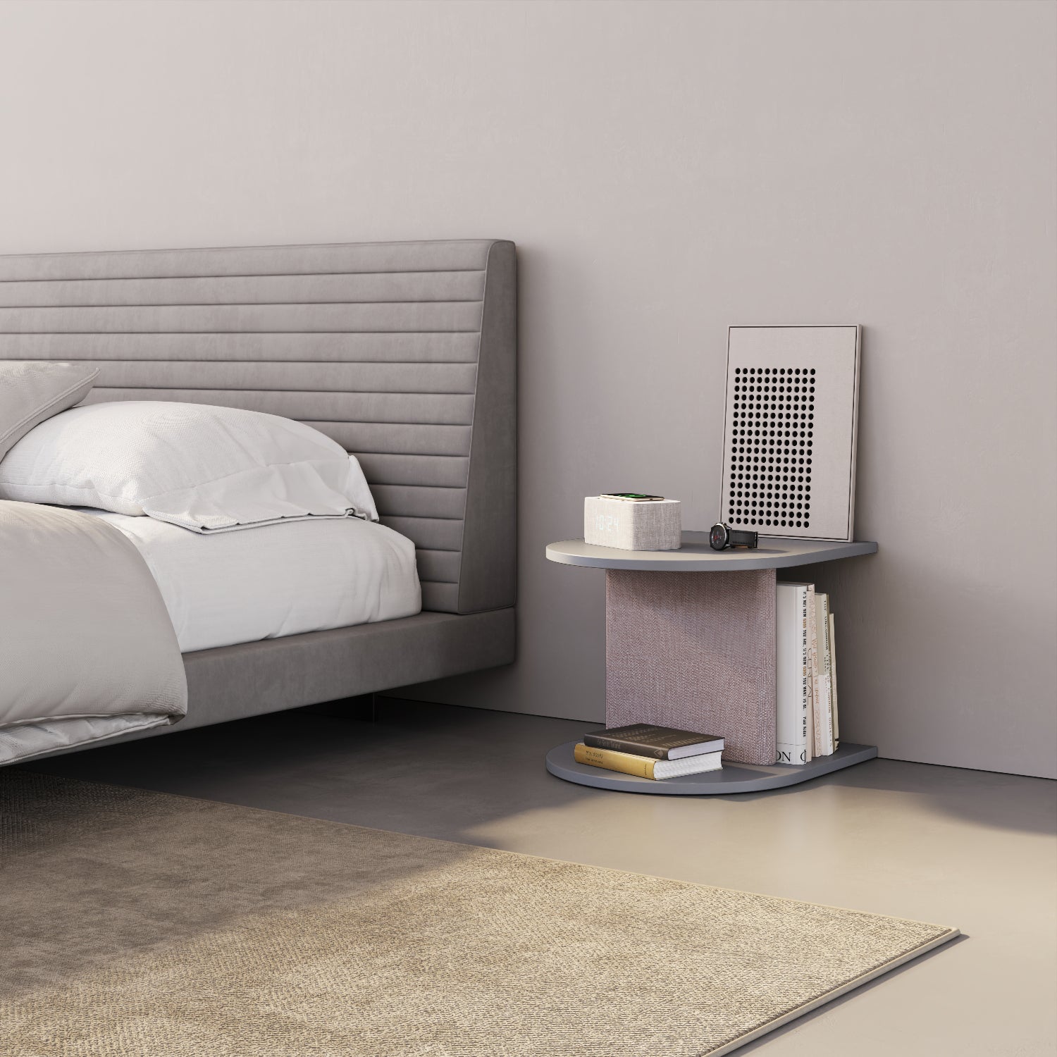 Comodino Strato grigio in camera da letto, side table design contemporaneo