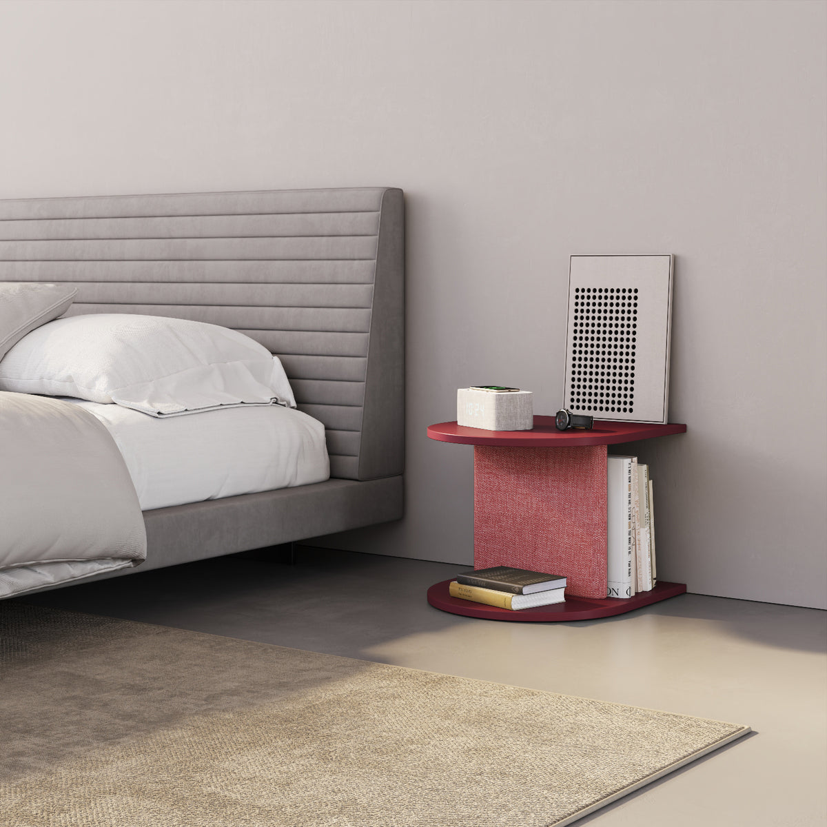 Comodino Strato rosso in camera da letto, side table design contemporaneo