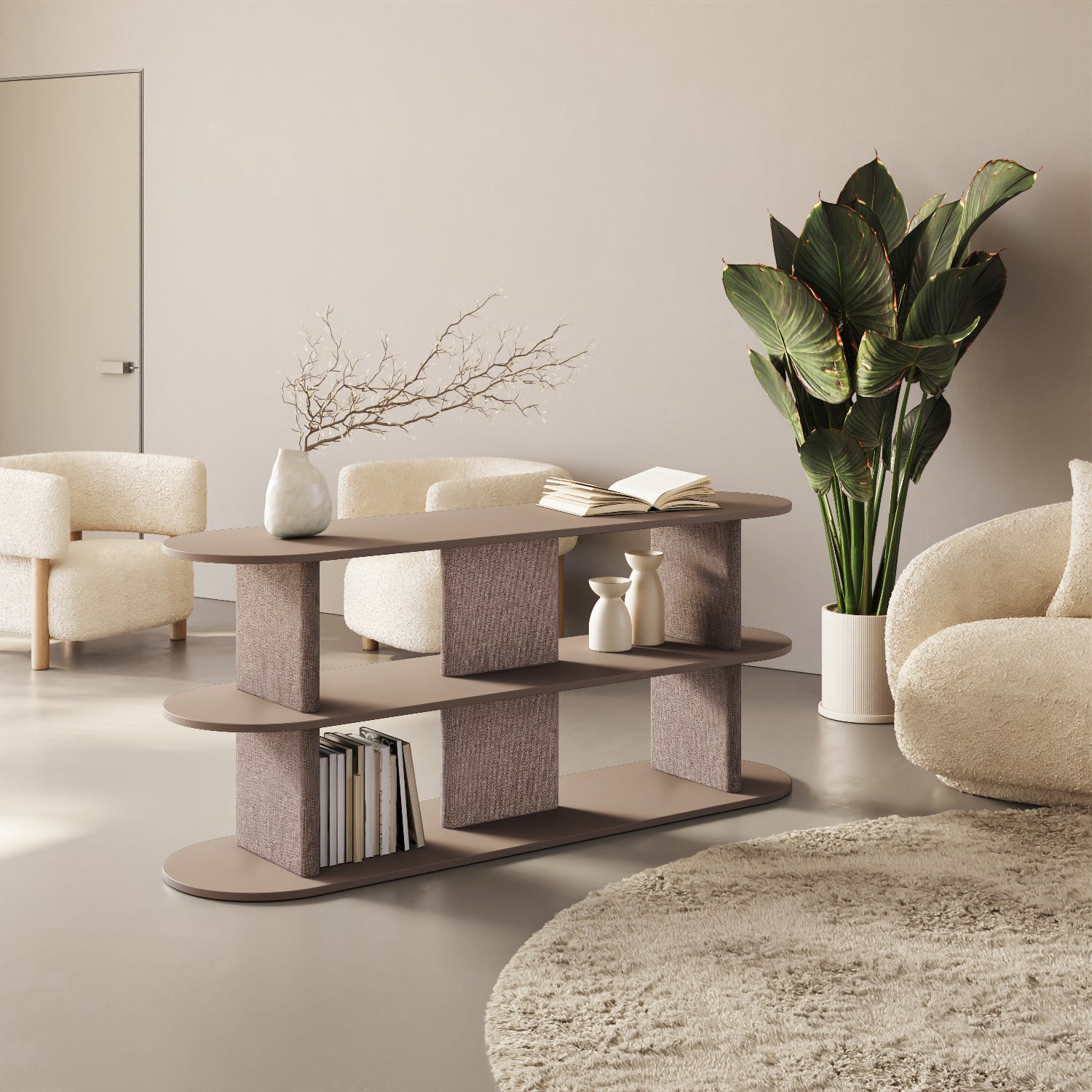 Libreria Strato cappuccino M in soggiorno contemporaneo, libreria design italiana