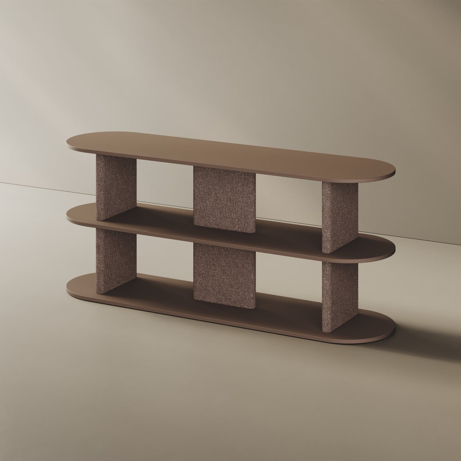 Libreria Strato cappuccino M, vista laterale – design Mario Alessiani legno nobilitato e tessuto