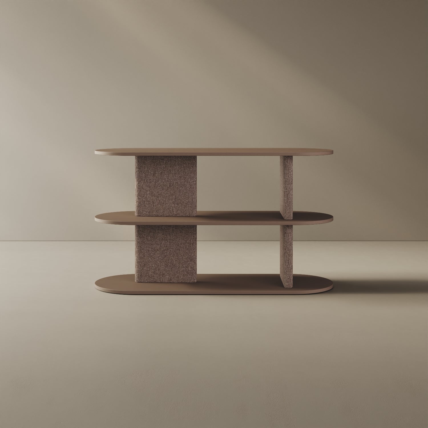 Libreria Strato cappuccino S, vista frontale – libreria design 127x45,5x72,5 cm legno nobilitato e tessuto