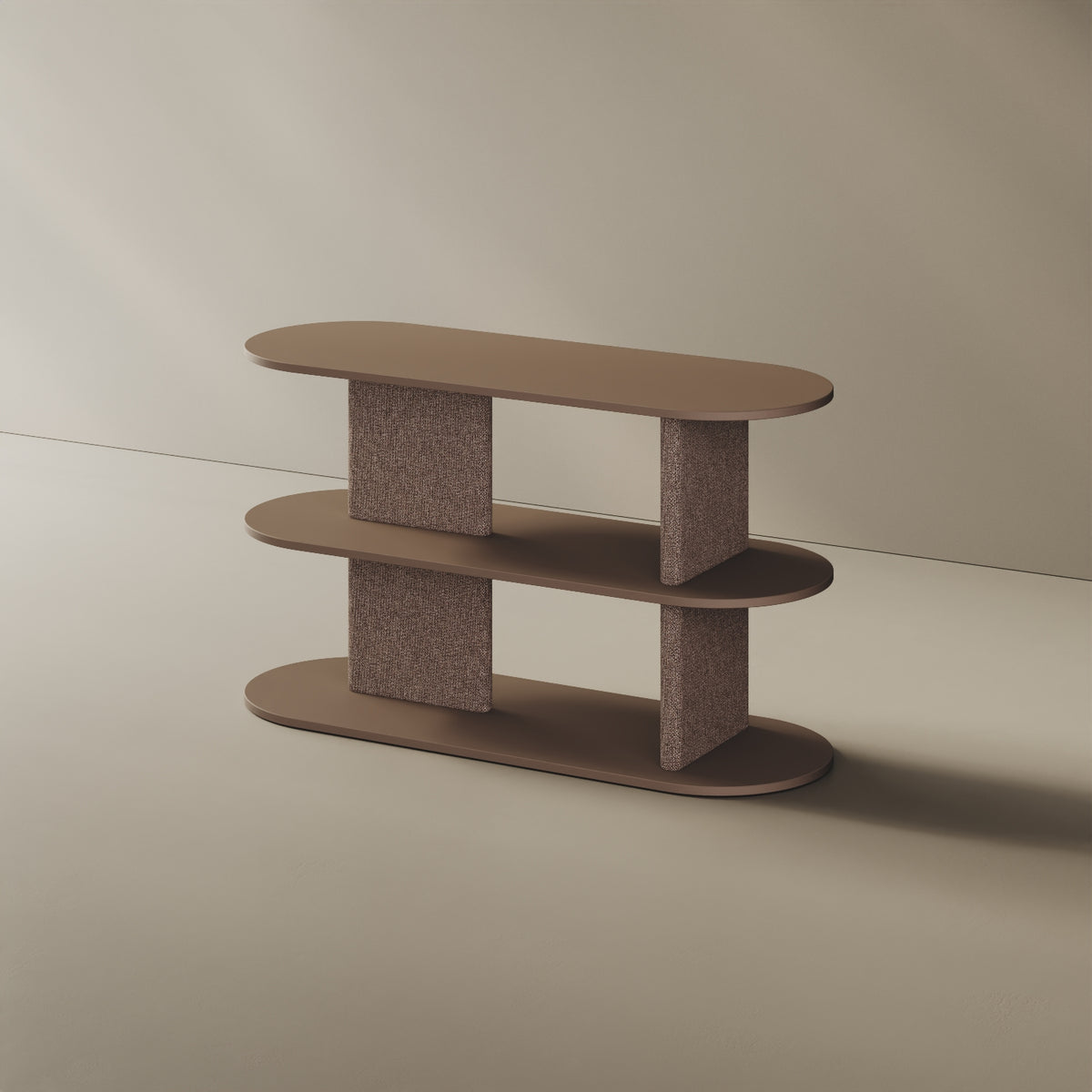 Libreria Strato cappuccino S, vista laterale – design Mario Alessiani legno nobilitato e tessuto