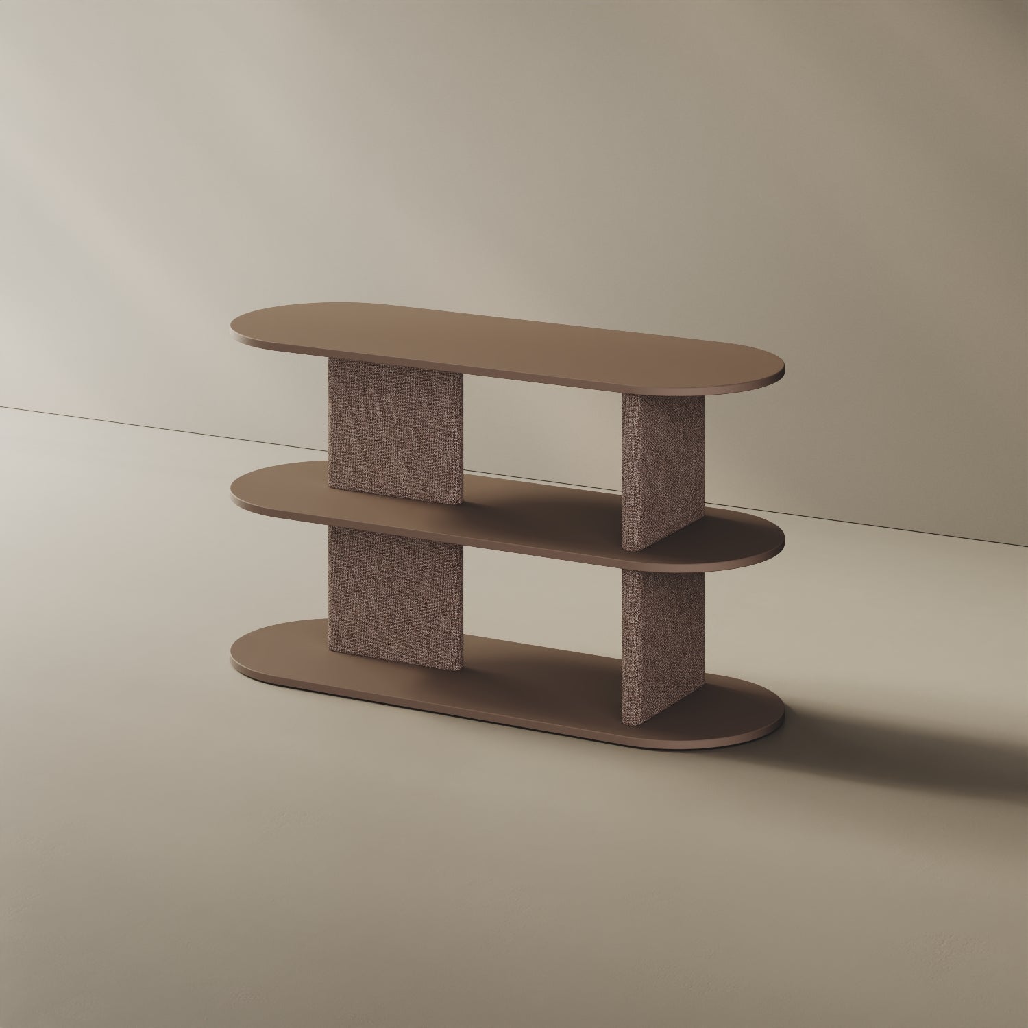 Libreria Strato cappuccino S, vista laterale – design Mario Alessiani legno nobilitato e tessuto