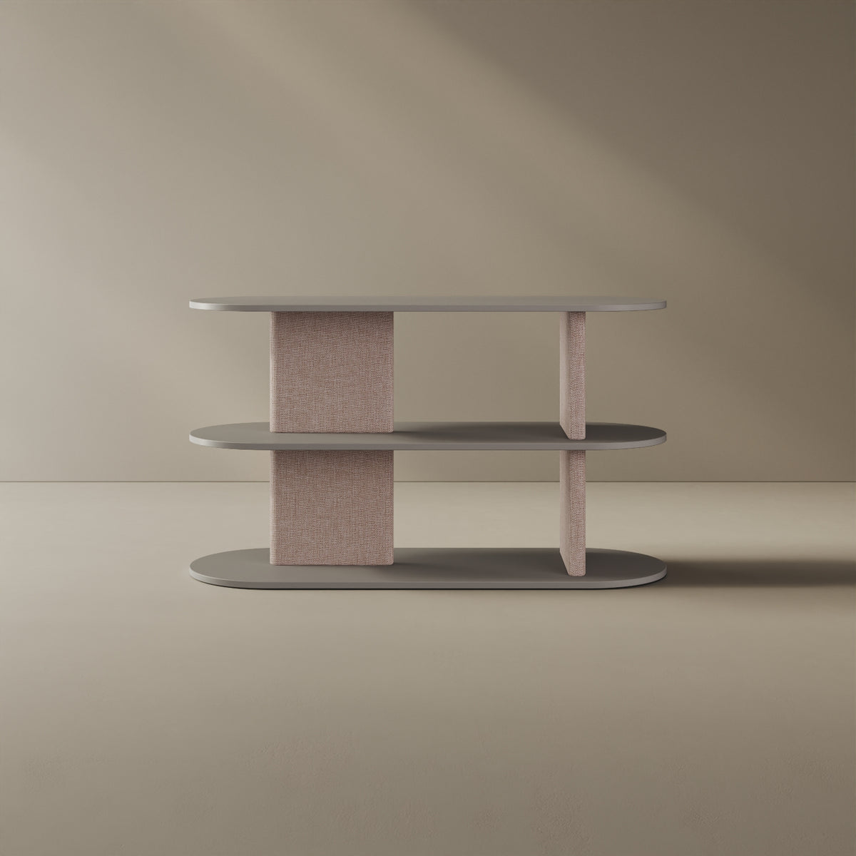Libreria Strato grigio S, vista frontale – libreria design 127x45,5x72,5 cm legno nobilitato e tessuto