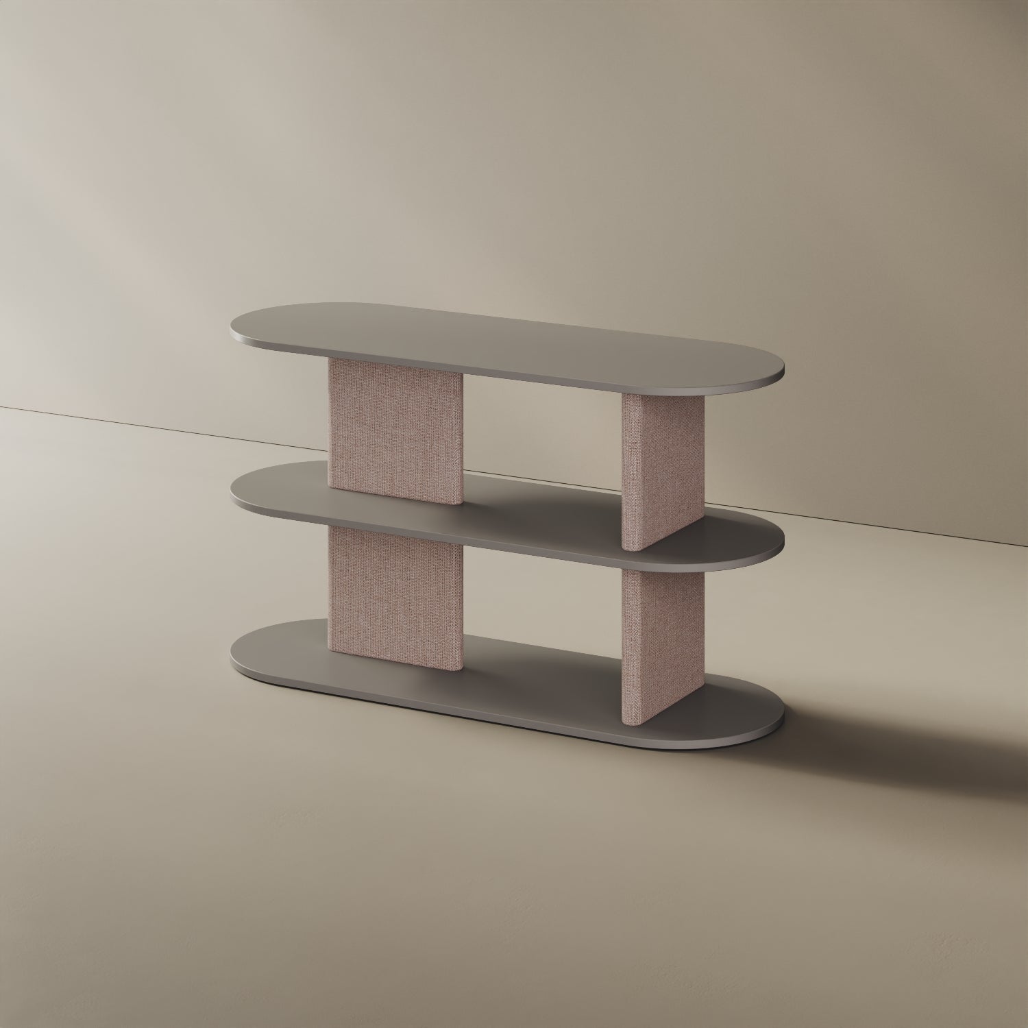 Libreria Strato grigio S, vista laterale – design Mario Alessiani legno nobilitato e tessuto