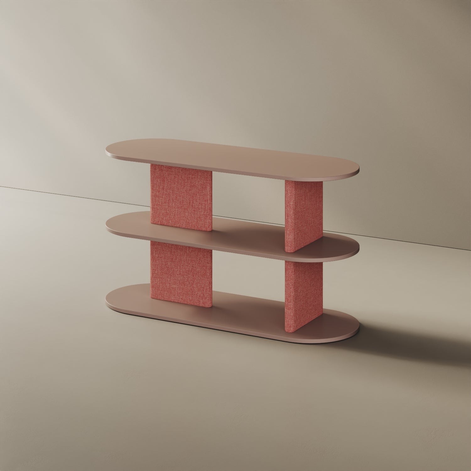 Libreria Strato cipria S, vista laterale – design Mario Alessiani melaminico e tessuto
