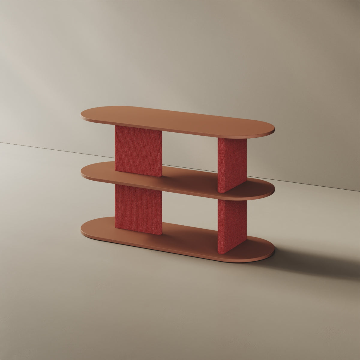 Libreria Strato red curry S, vista laterale – design Mario Alessiani legno nobilitato e tessuto
