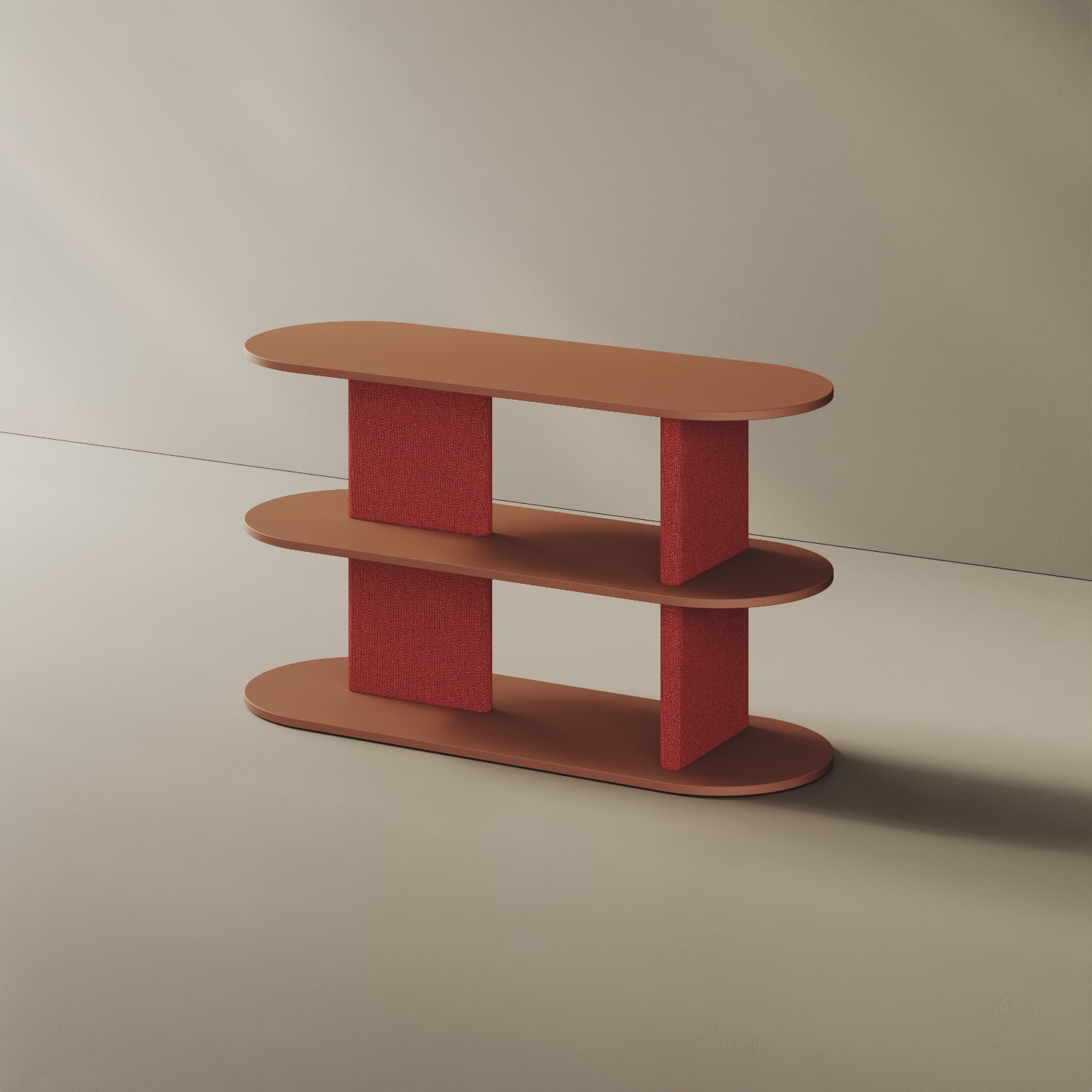 Libreria Strato red curry S, vista laterale – design Mario Alessiani legno nobilitato e tessuto
