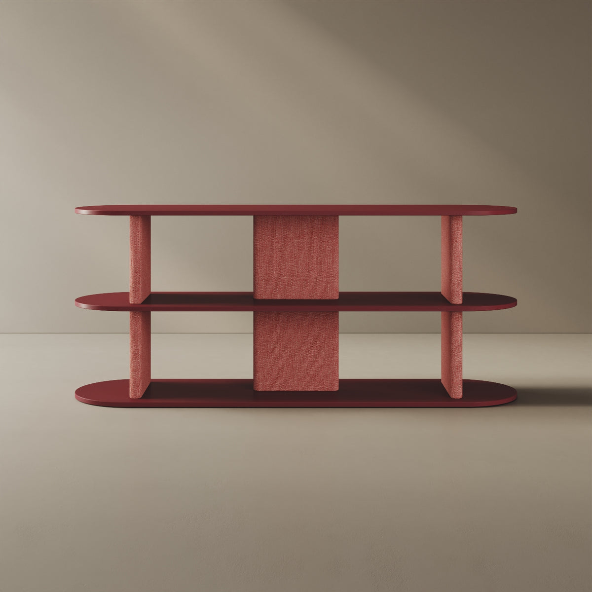 Libreria Strato rosso M, vista frontale – libreria design 170x45,5x72,5 cm legno nobilitato e tessuto