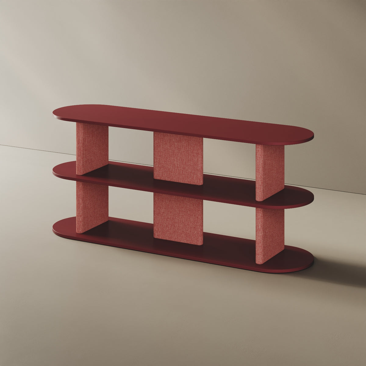 Libreria Strato rosso M, vista laterale – design Mario Alessiani legno nobilitato e tessuto