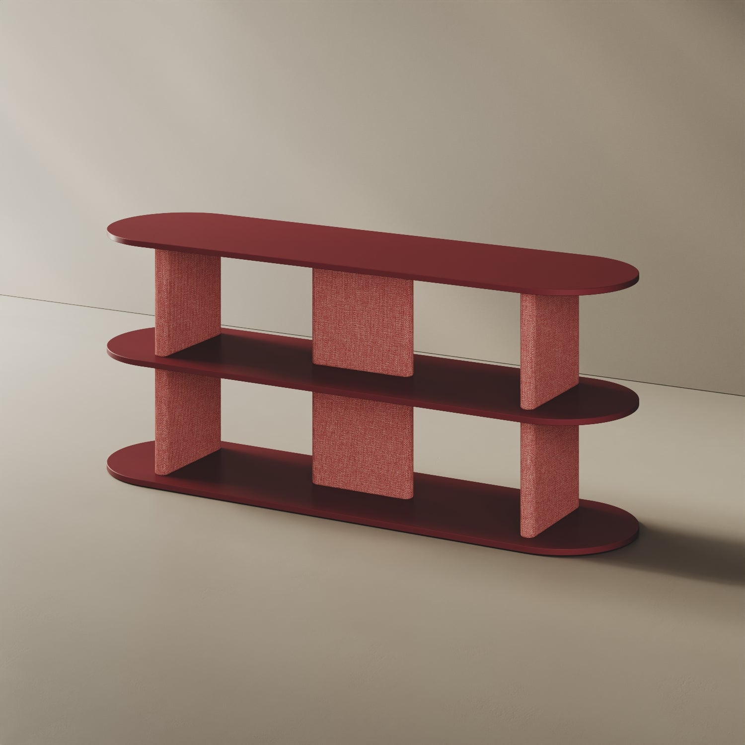 Libreria Strato rosso M, vista laterale – design Mario Alessiani legno nobilitato e tessuto