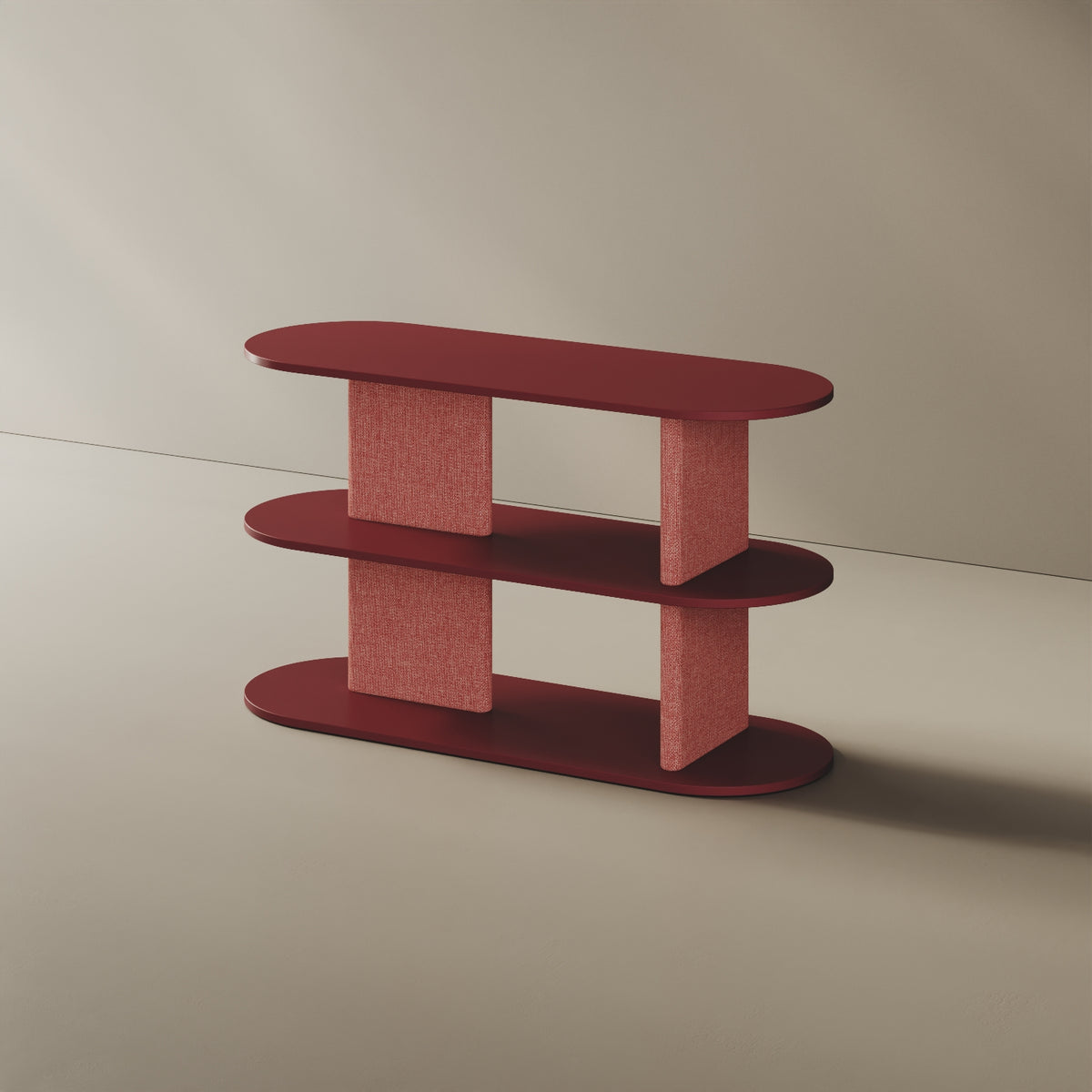 Libreria Strato rosso S, vista laterale – design Mario Alessiani legno nobilitato e tessuto
