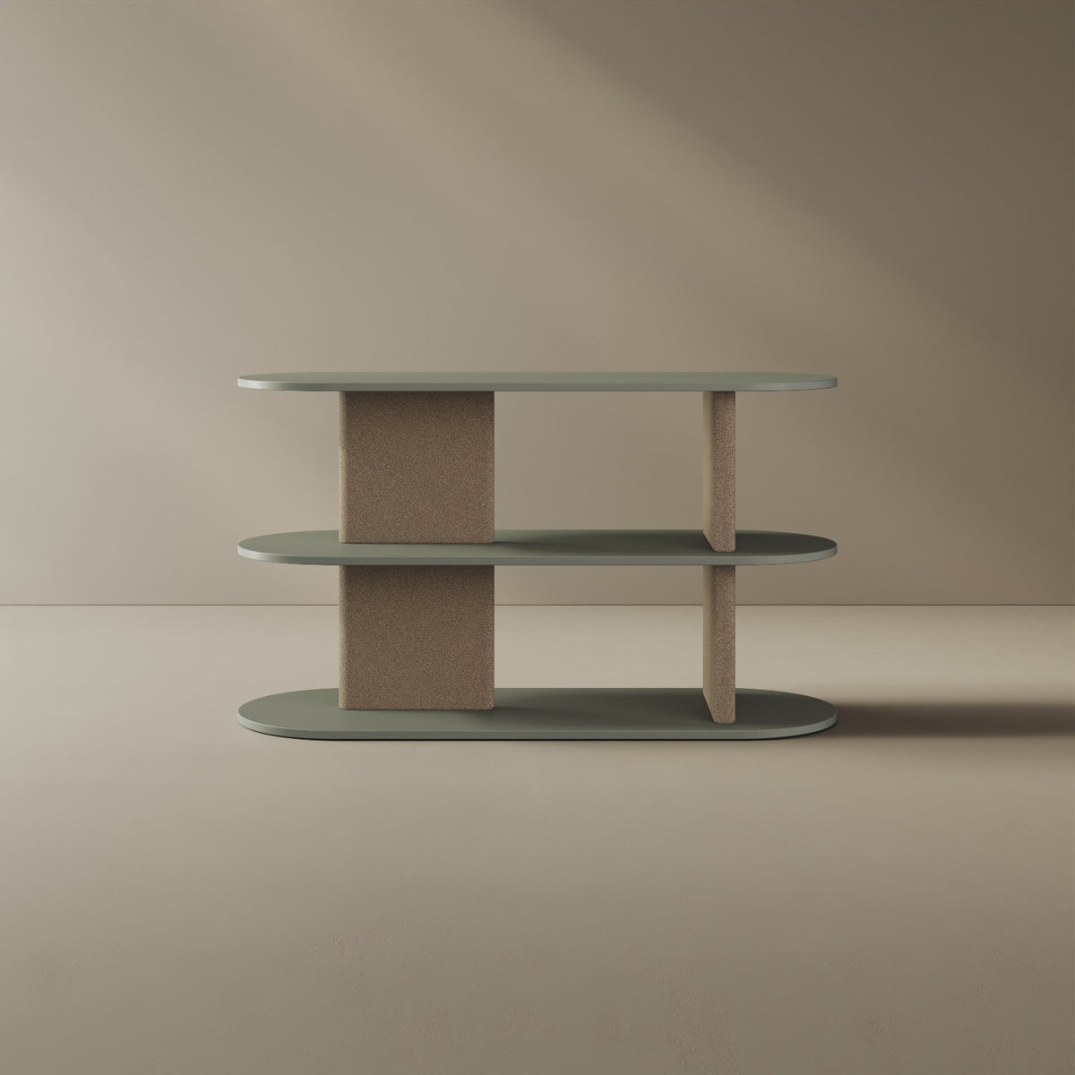 Libreria Strato verde S, vista frontale – libreria design 127x45,5x72,5 cm legno nobilitato e tessuto