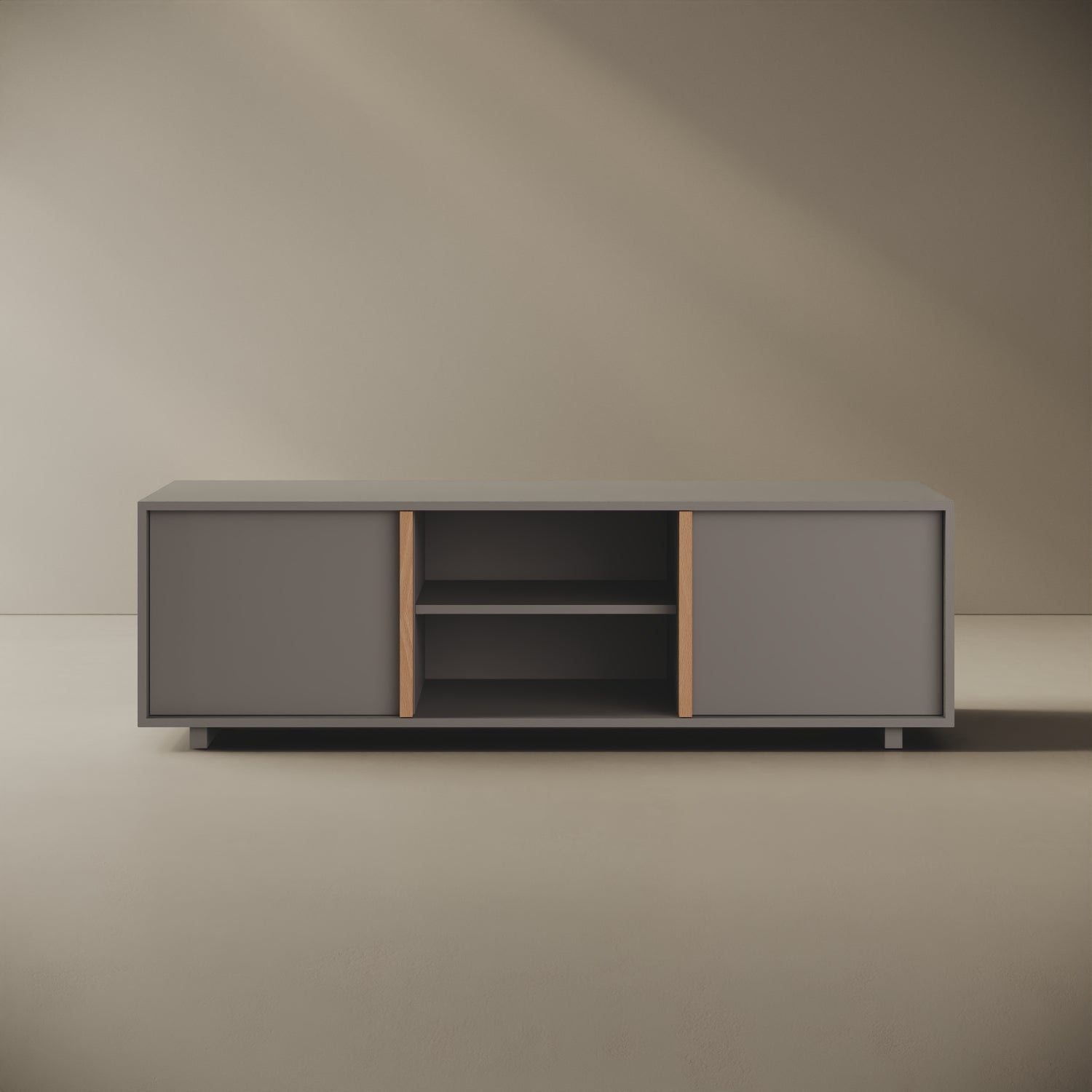Mobile TV ILE grigio taglia L, vista frontale — legno nobilitato bordato con tagli a 45°, maniglia a filo in faggio naturale, 160×45×47 cm, design Mario Alessiani