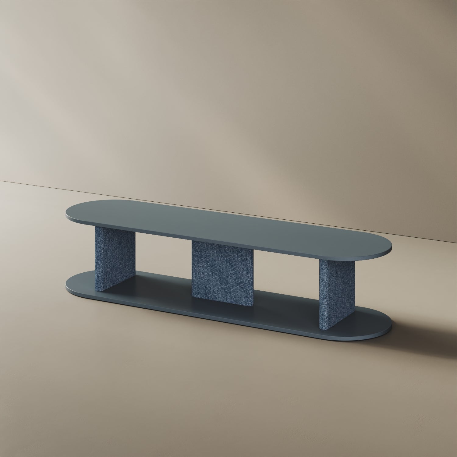 Mobile TV Strato blu M, vista laterale – design Mario Alessiani legno nobilitato e tessuto