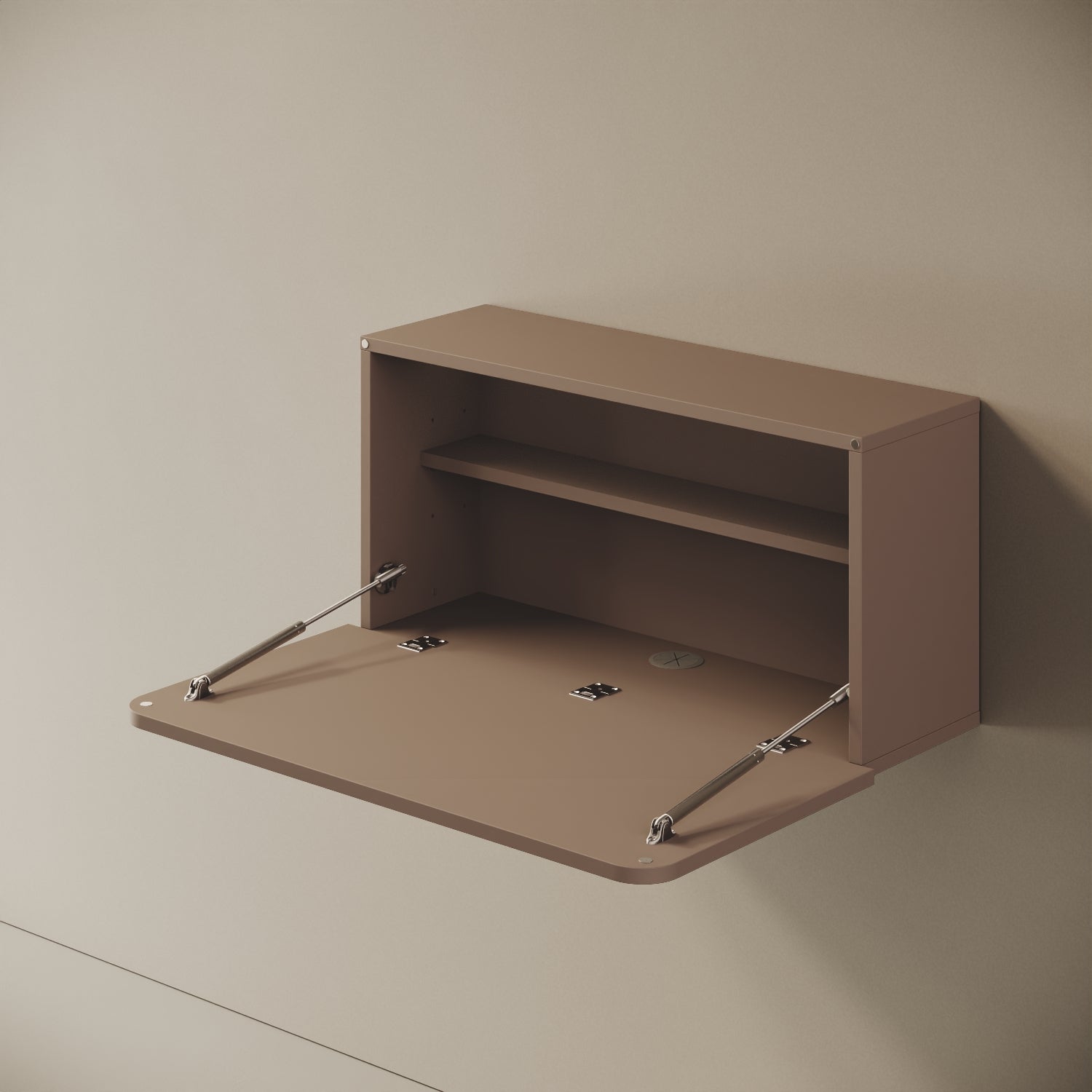 Scrittoio Segno cappuccino aperto, vista laterale – piano ribaltabile 42 cm, cerniere a vista