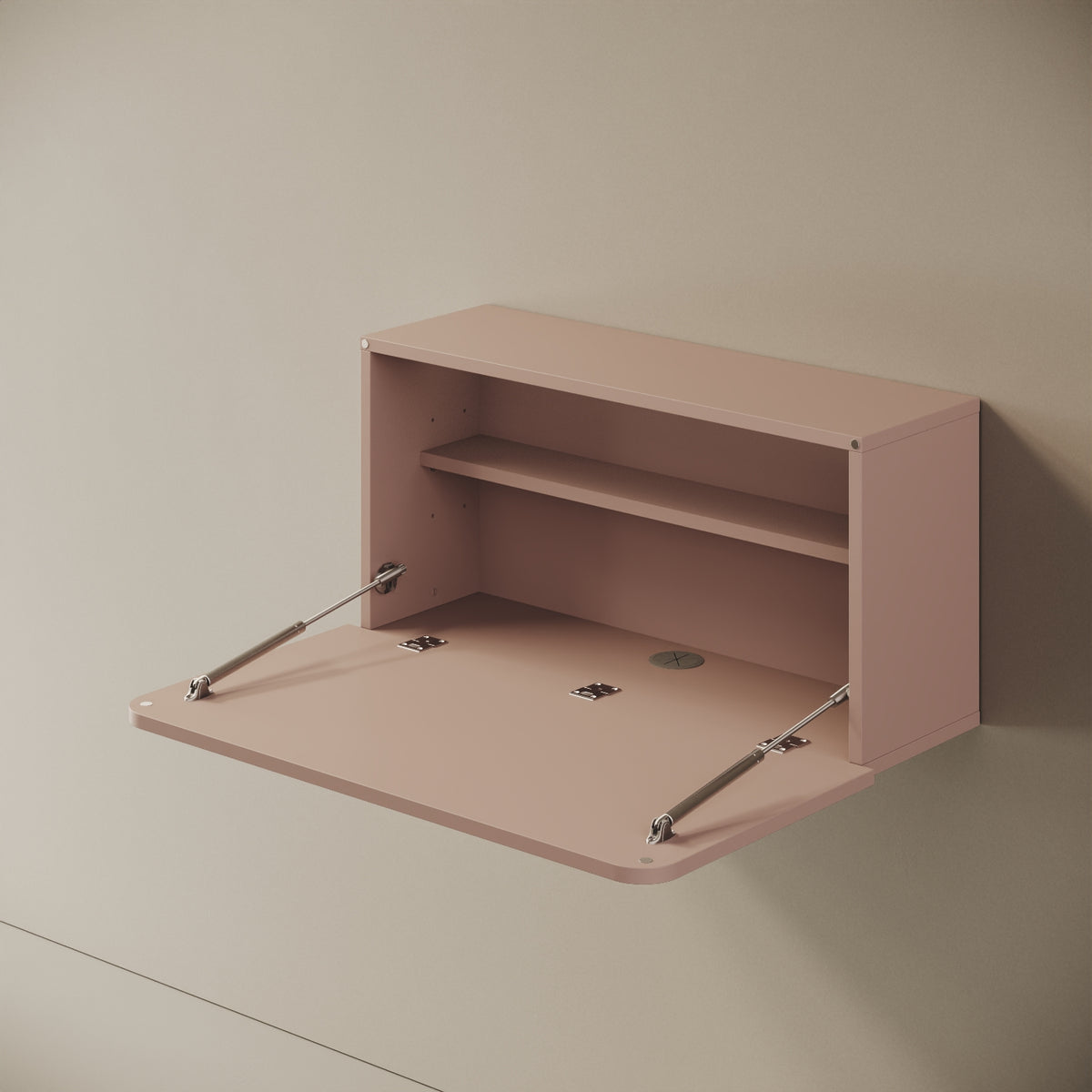 Scrittoio Segno cipria aperto, vista laterale – piano ribaltabile 42 cm, cerniere a vista