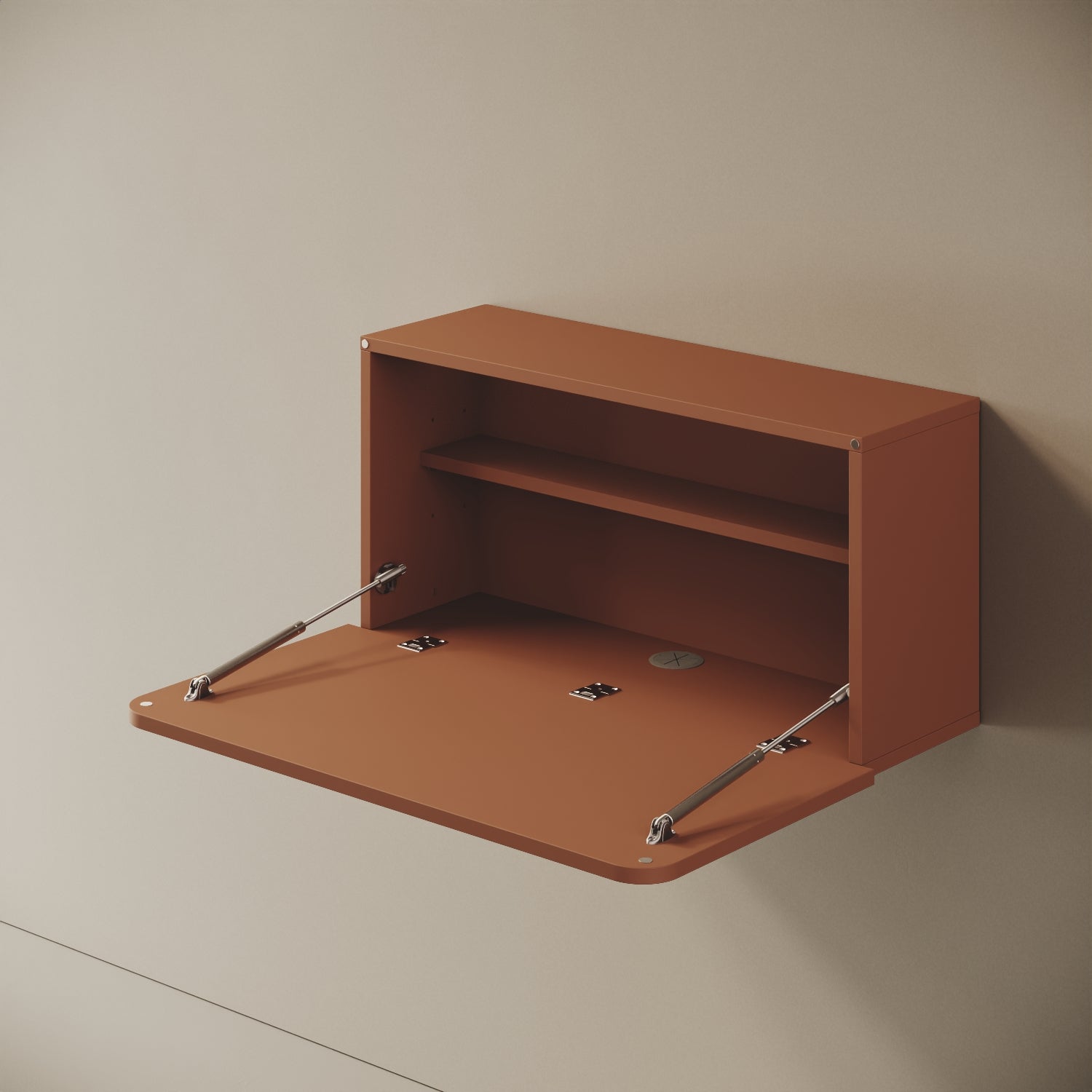 Scrittoio Segno red curry aperto, vista laterale – piano ribaltabile 42 cm, cerniere a vista