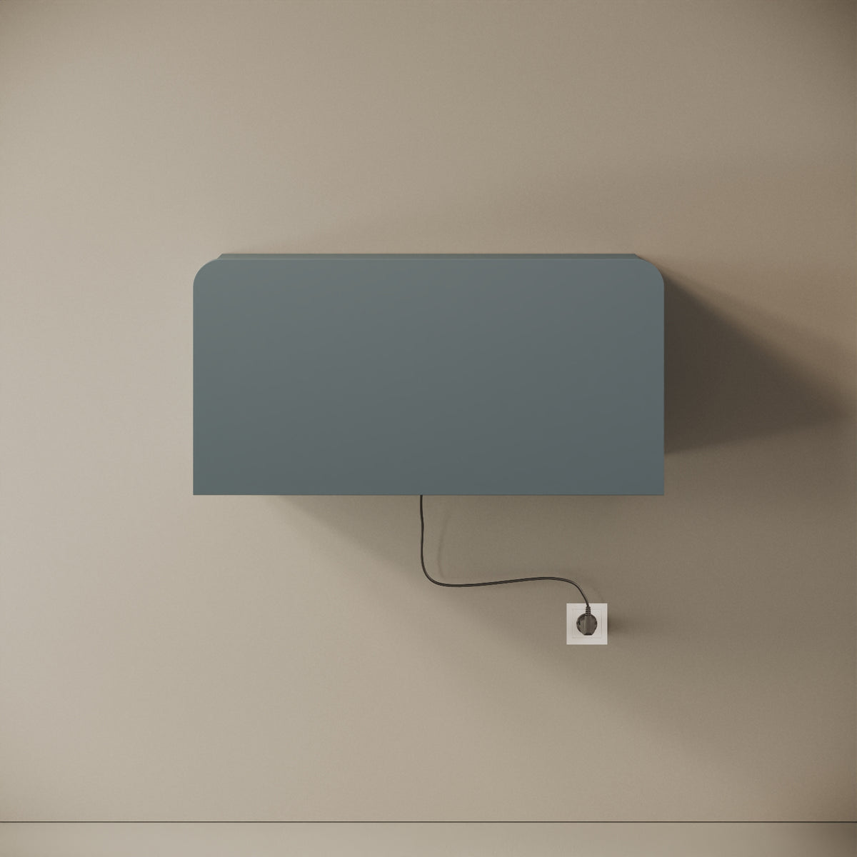 Scrittoio Segno blu elettrificato chiuso, vista frontale – mensola 84x29x42 cm, cavo e presa a parete