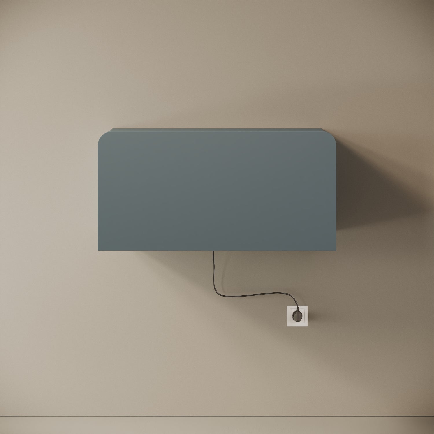 Scrittoio Segno blu elettrificato chiuso, vista frontale – mensola 84x29x42 cm, cavo e presa a parete
