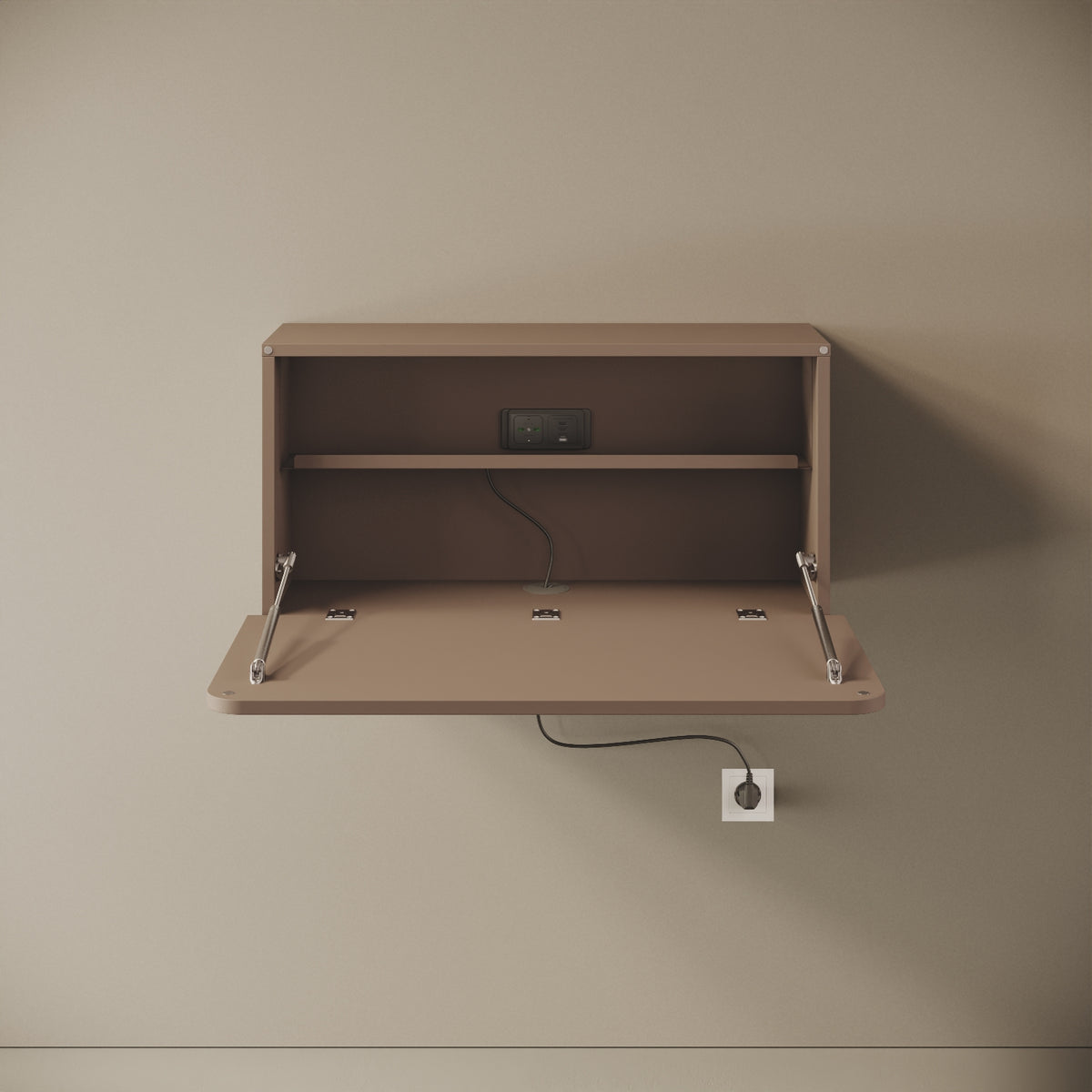 Scrittoio Segno cappuccino elettrificato aperto, vista frontale – scrivania 84x42 cm, presa USB-A e USB-C
