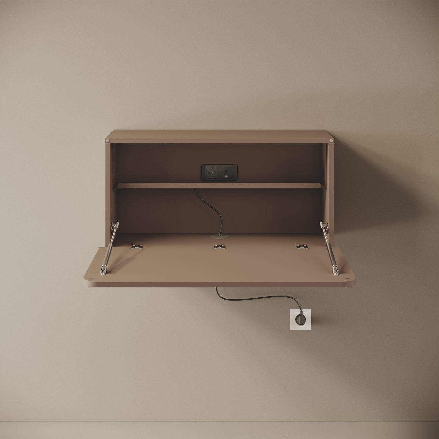 Scrittoio Segno cappuccino elettrificato aperto, vista frontale – scrivania 84x42 cm, presa USB-A e USB-C