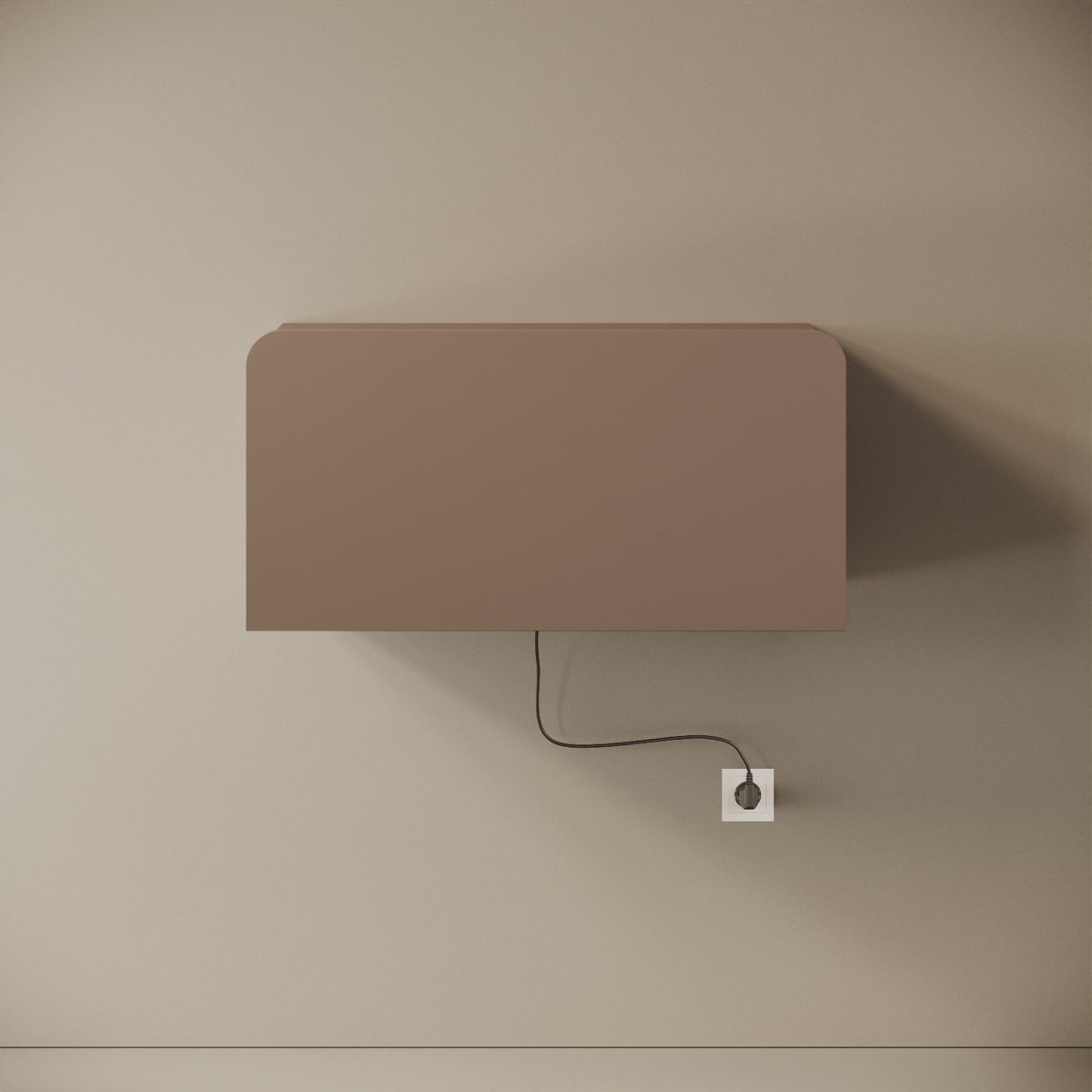 Scrittoio Segno cappuccino elettrificato chiuso, vista frontale – mensola 84x29x42 cm, cavo e presa a parete