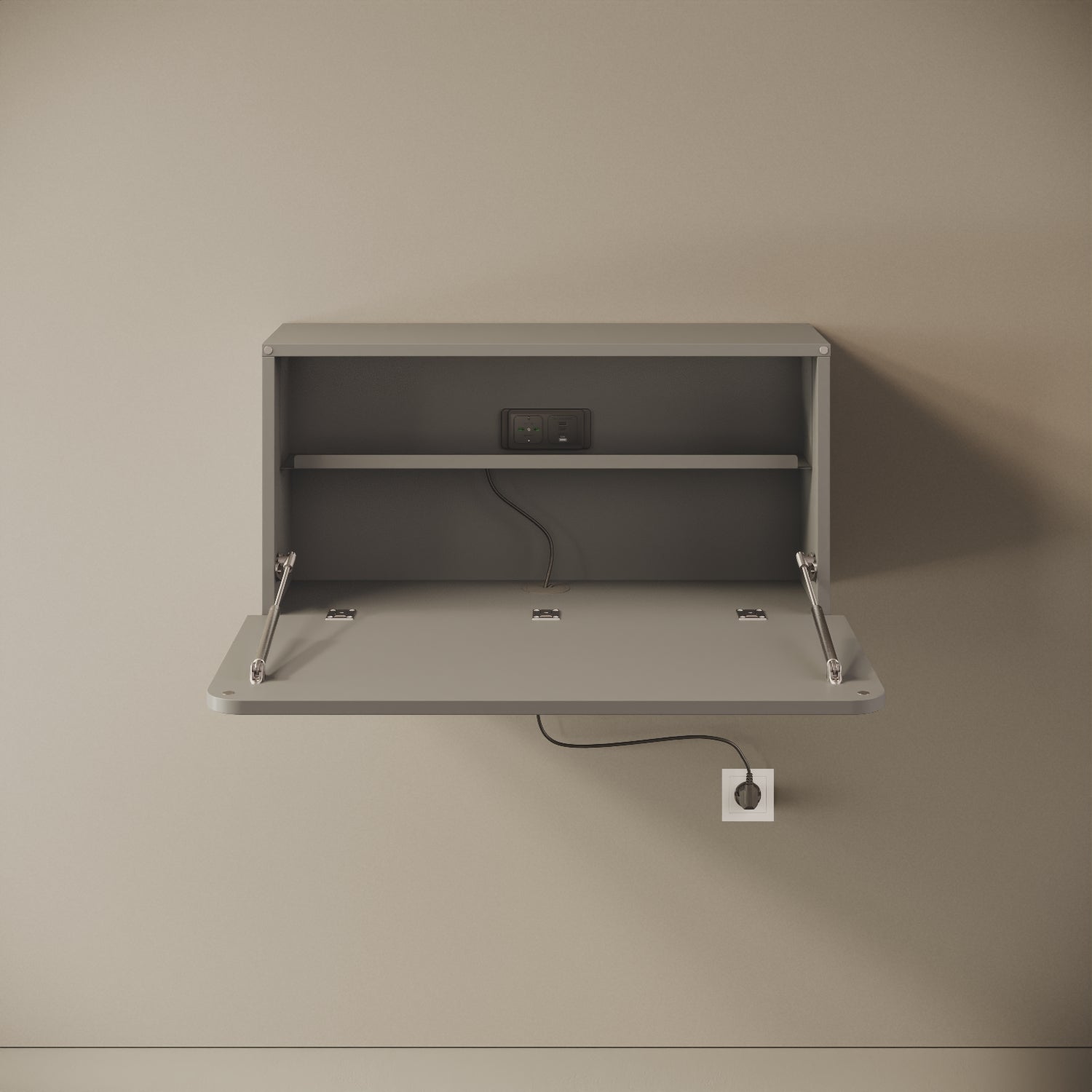 Scrittoio Segno grigio elettrificato aperto, vista frontale – scrivania 84x42 cm, presa USB-A e USB-C