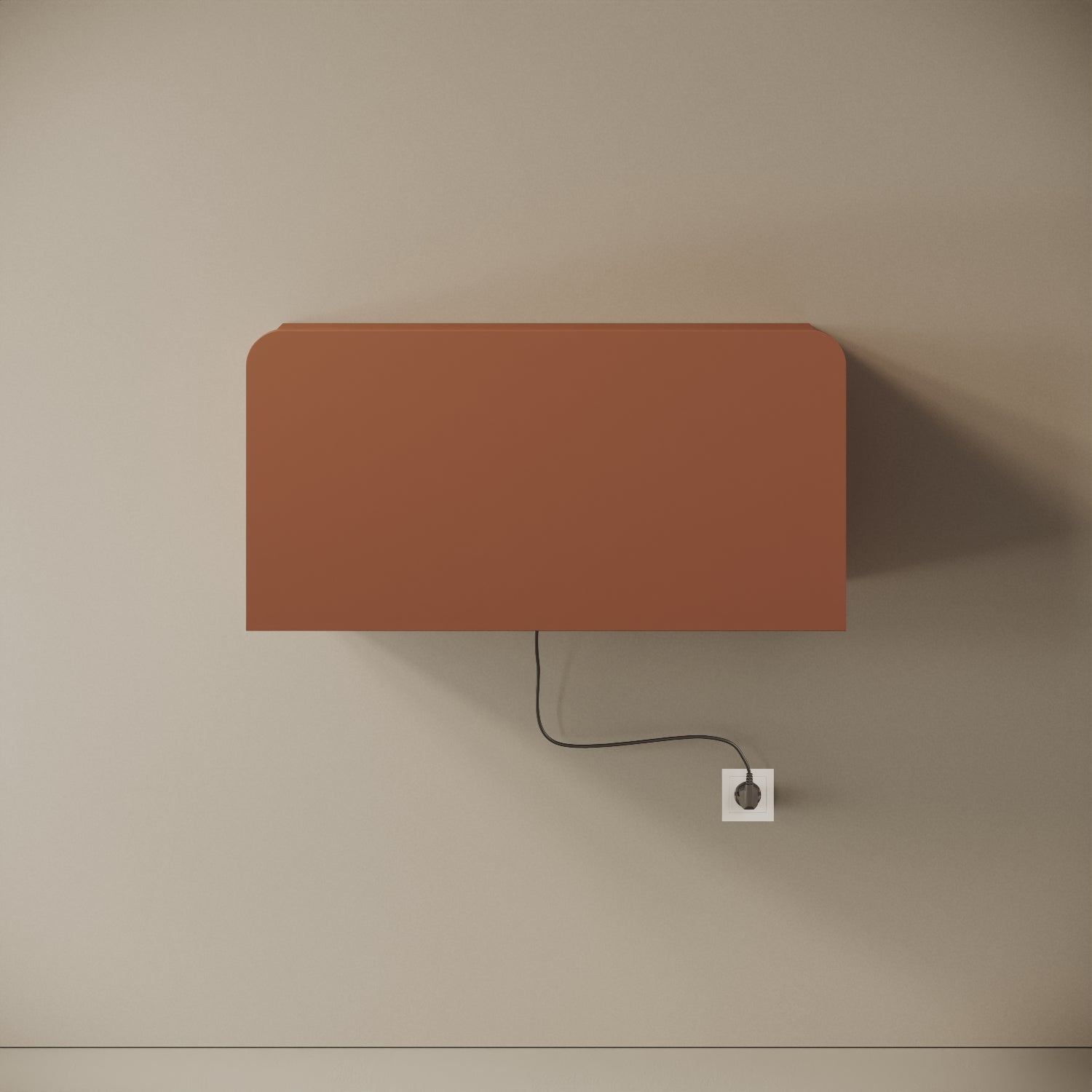 Scrittoio Segno red curry elettrificato chiuso, vista frontale – mensola 84x29x42 cm, cavo e presa a parete