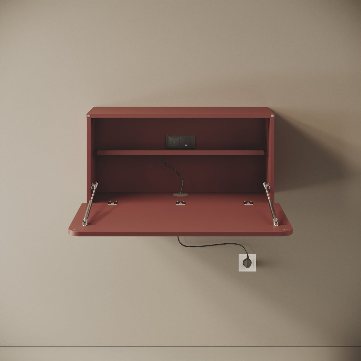 Scrittoio Segno rosso elettrificato aperto, vista frontale – scrivania 84x42 cm, presa USB-A e USB-C