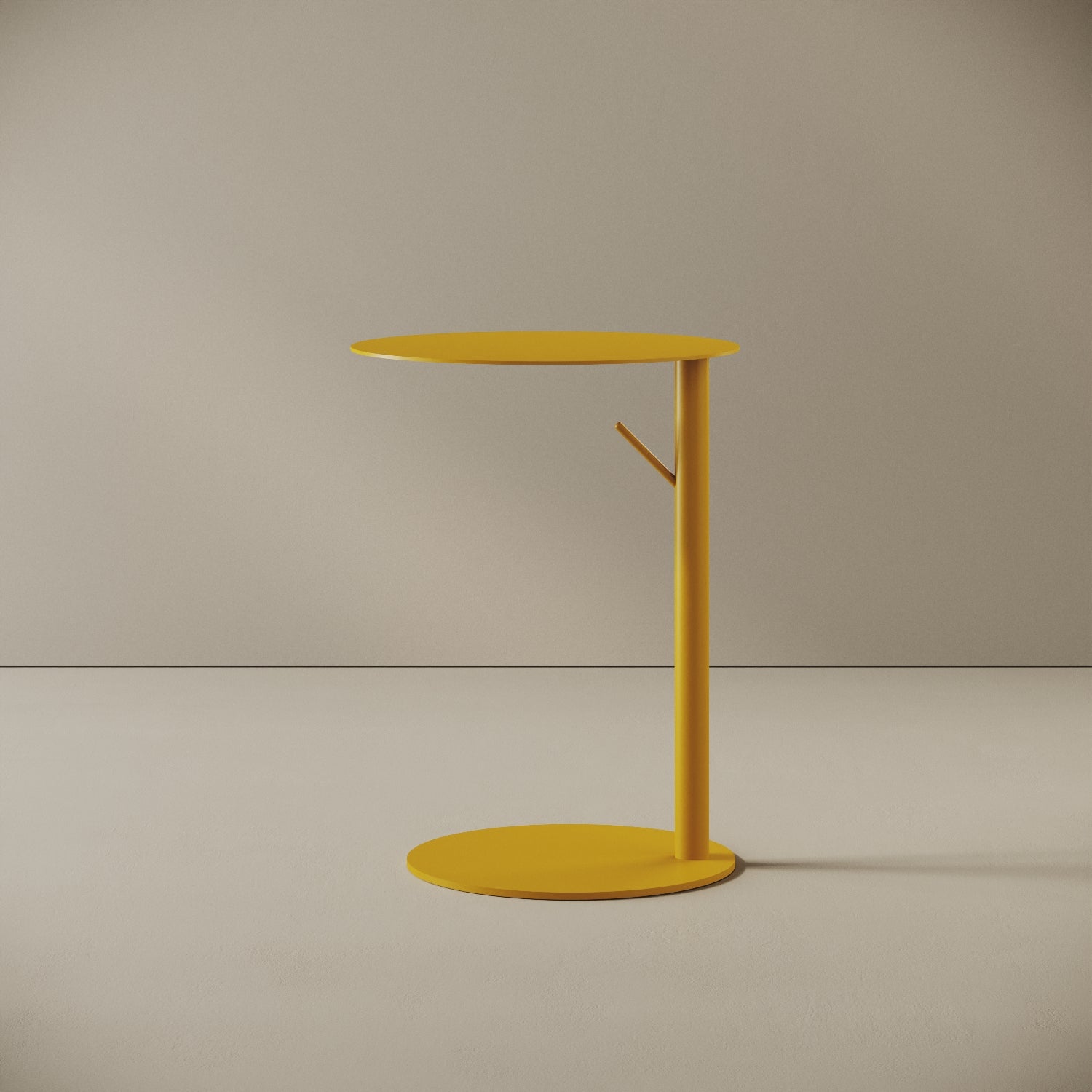 Tavolino da caffè Italia rotondo colore giallo, vista frontale — struttura in metallo verniciato a polvere epossidica, piano Ø 45 cm, h 60 cm