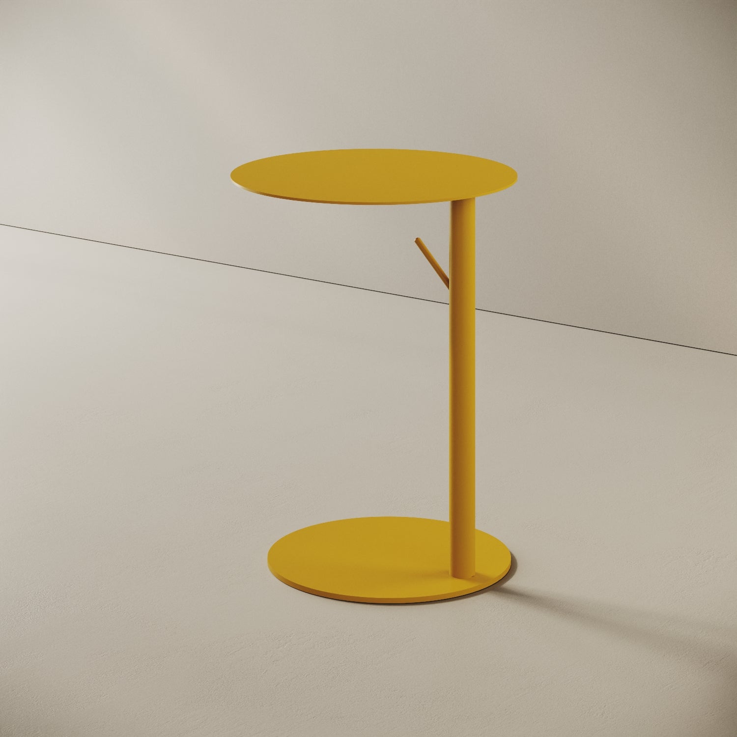 Tavolino Italia rotondo giallo, vista laterale — dettaglio gambe in metallo e base Ø 38 cm