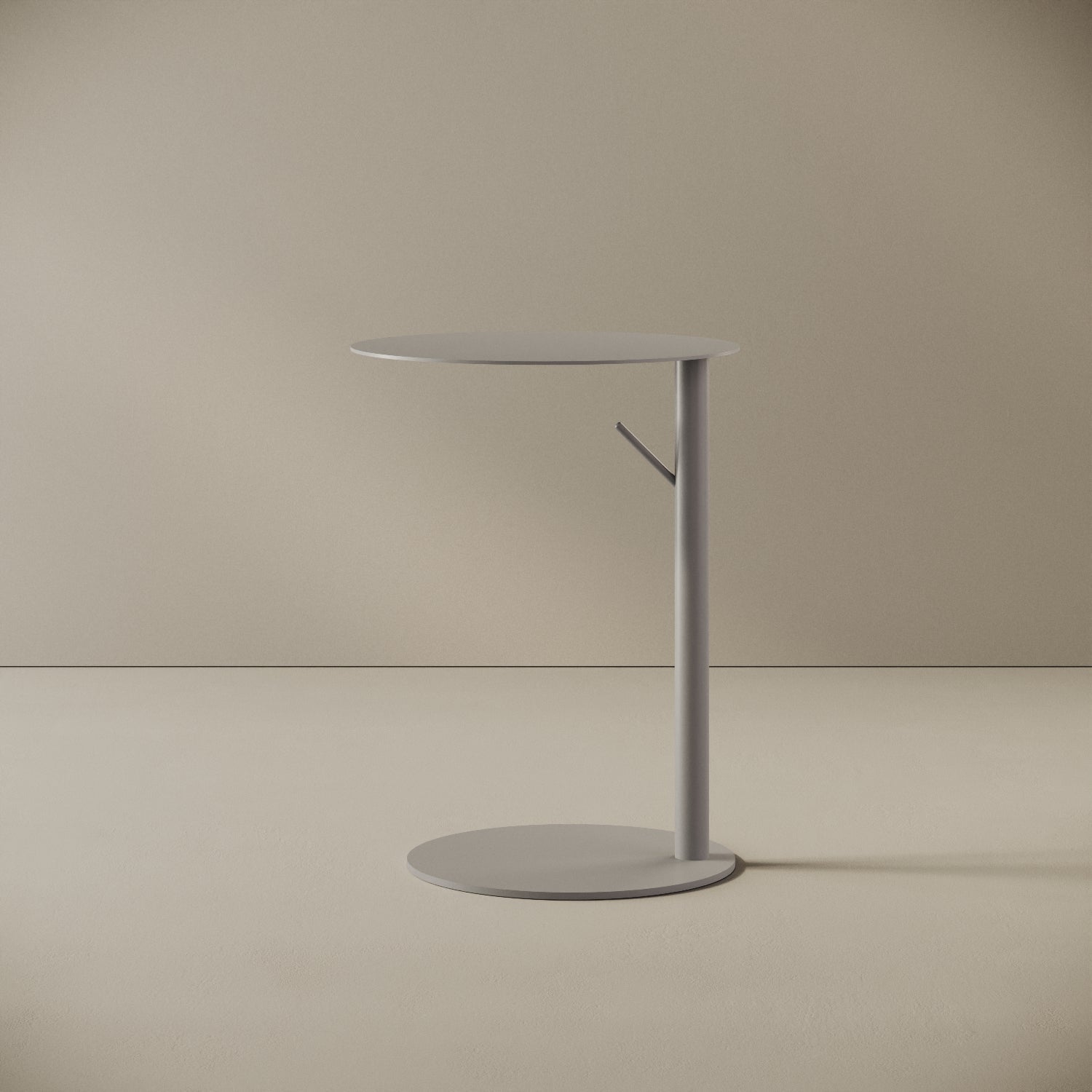 Tavolino da caffè Italia rotondo colore grigio, vista frontale — struttura in metallo verniciato a polvere epossidica, piano Ø 45 cm, h 60 cm