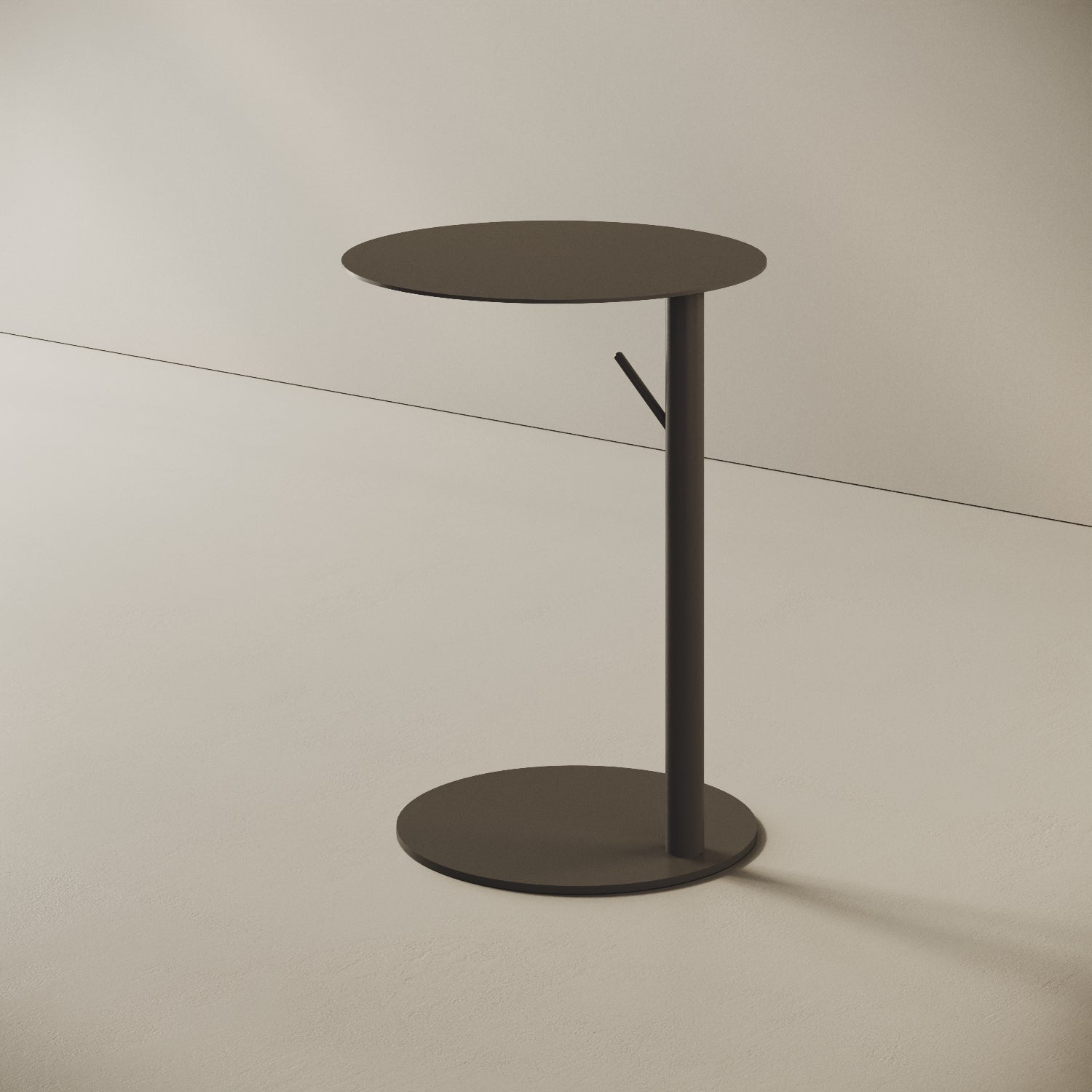 Tavolino Italia rotondo nero, vista laterale — dettaglio gambe in metallo e base Ø 38 cm