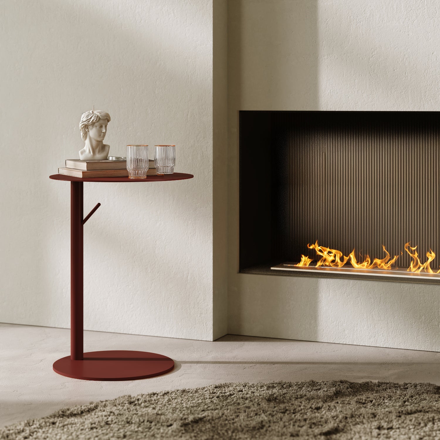 Tavolino Italia rotondo rosso in contesto living, abbinato a divano e accessori